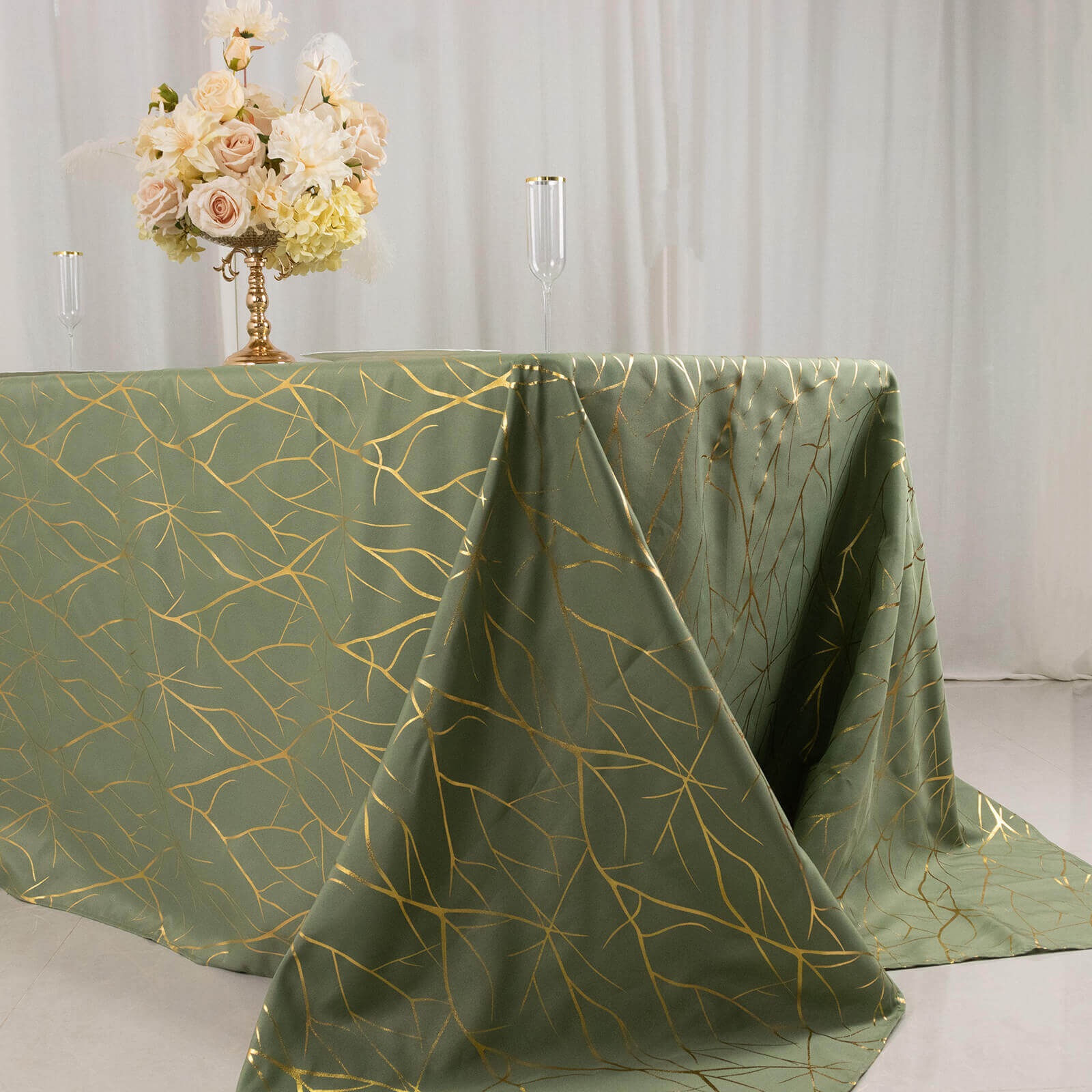 Polyester 90x132 Rectangle Tablecloth Dusty Sage Green with Gold Foil Tree Branch Pattern - Wrinkle-Resistant Seamless Table Cover