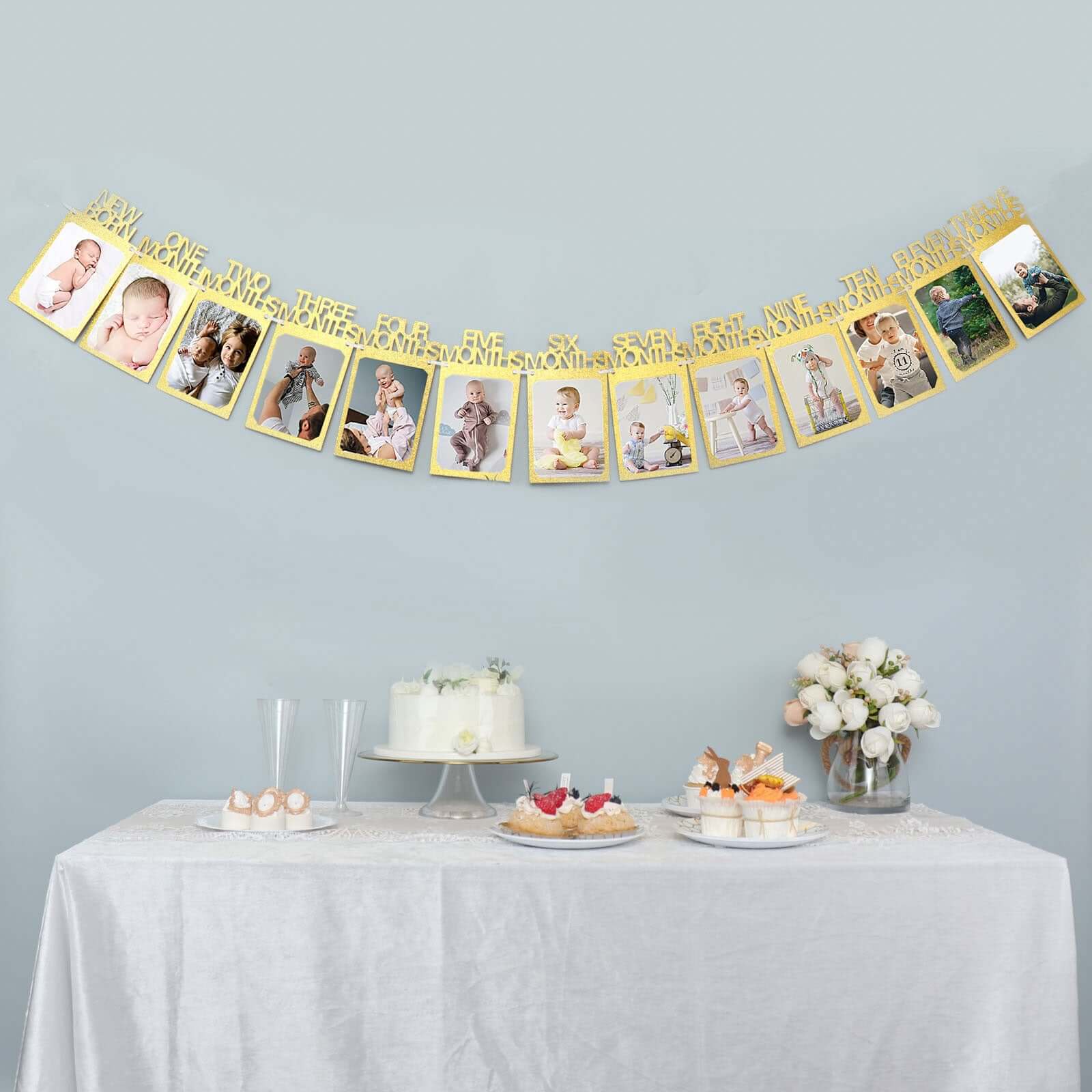 12 Month Milestone 1st Birthday Party Photo Backdrop Hanging Banner, Baby Photo Garland Banner - 5.5ft