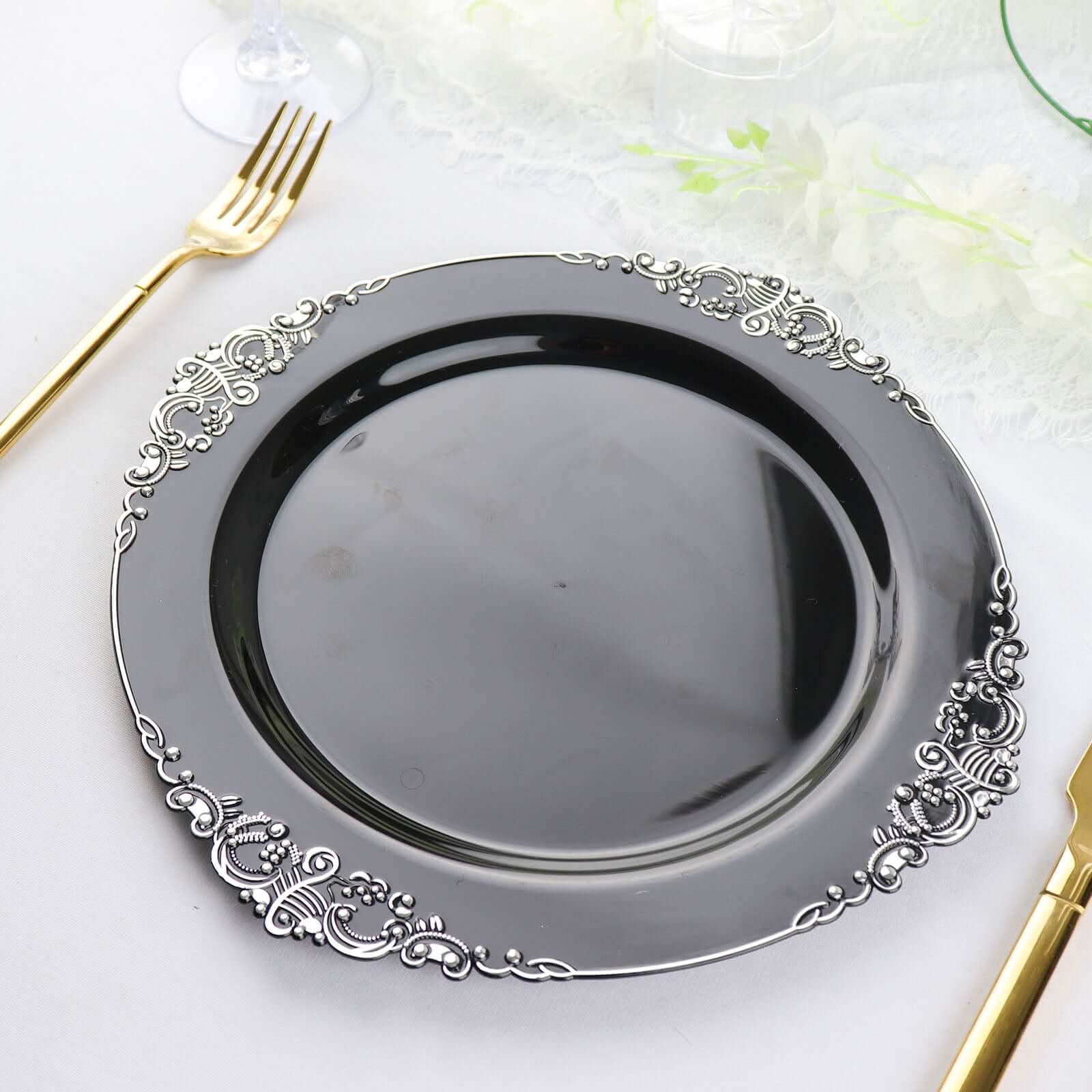 10-Pack Plastic 10 Round Dinner Plates in Black with Silver Leaf Embossed Rim - Disposable Vintage Baroque Style Plates