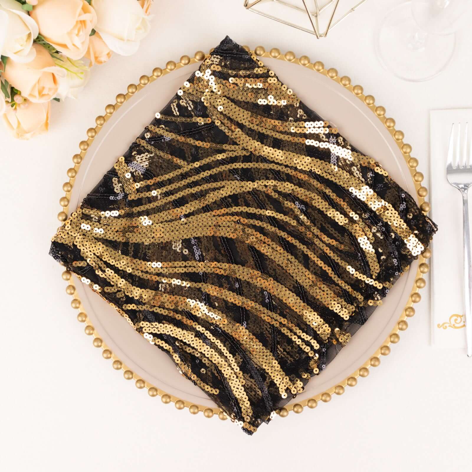 Sequin Mesh 20x20 Napkin Black Gold - Wave Embroidered Reusable Napkin