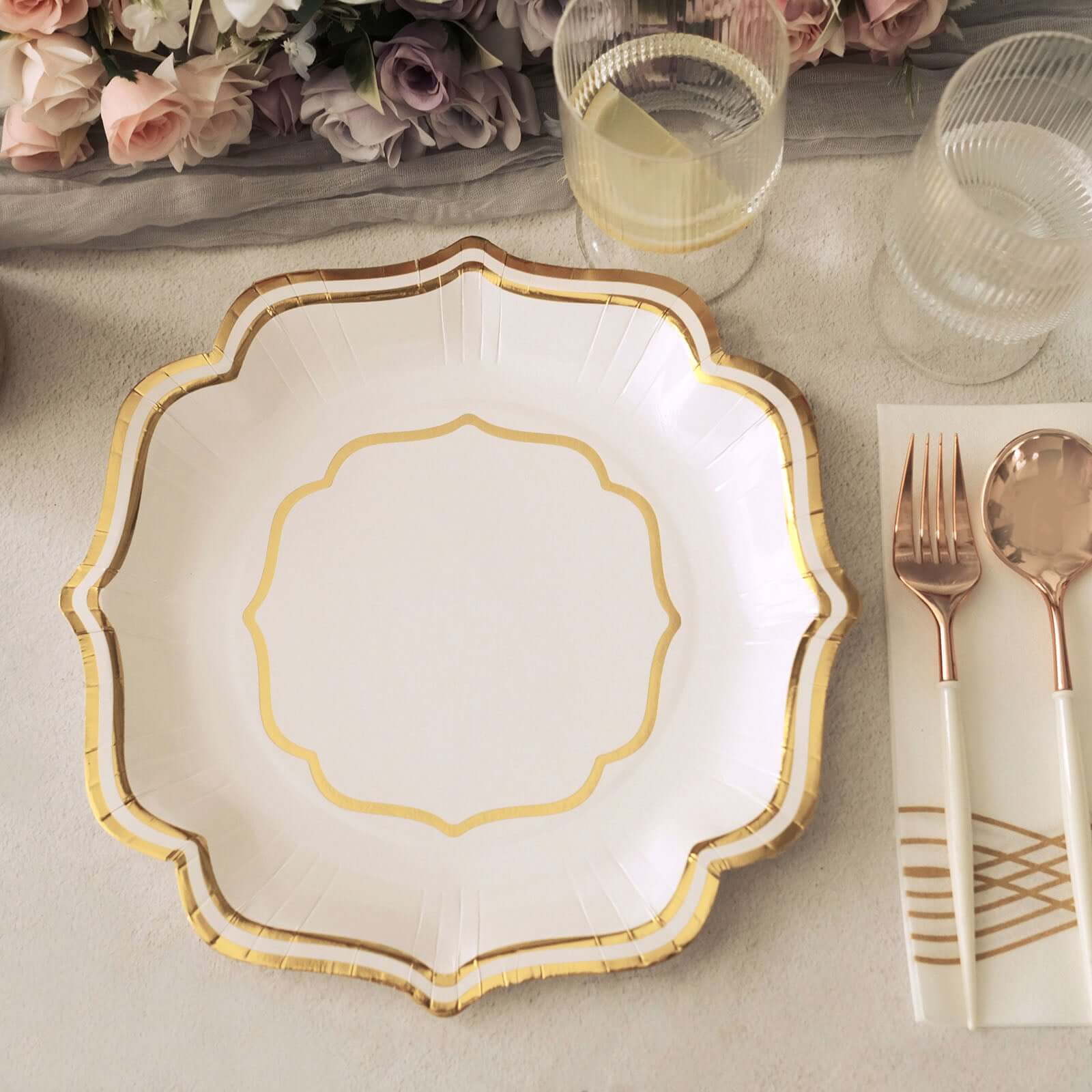 25-Pack Paper Dinner Plates in White with Gold Scallop Rim - Disposable 300GSM Party Plates for Classy Banquets & Celebrations 10