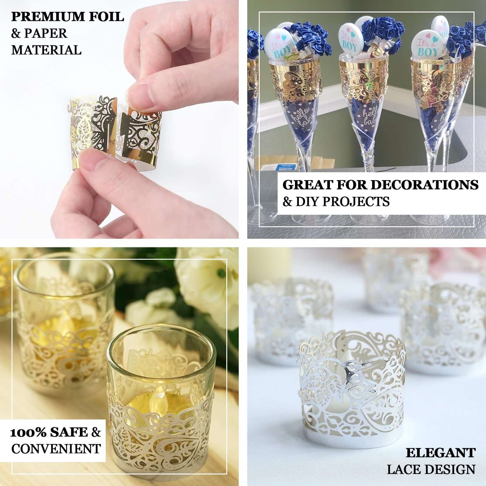 20-Pack Paper Candle Holder Wraps Floral Lace Design Gold Foil - Votive Tealight Decorative Wraps