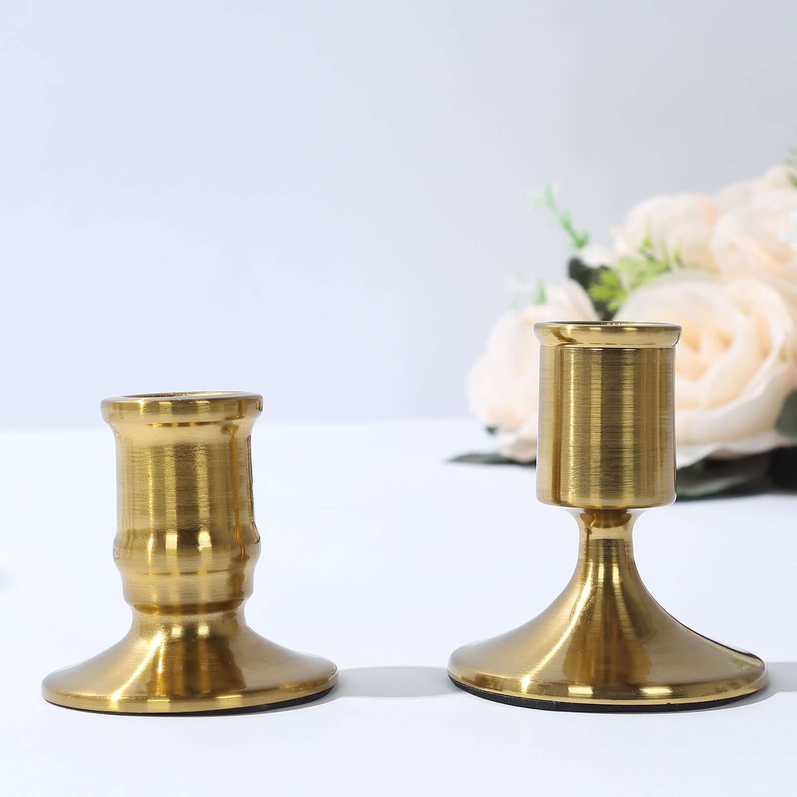 Set of 4 Metal Taper Candle Holders Vintage Gold with Sturdy Round Base - Traditional Pillar Candlestick Holders 2.5, 3