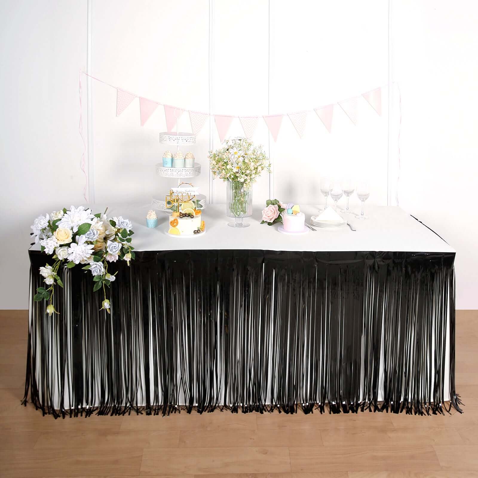 Metallic Foil Fringe Table Skirt Black with Self Adhesive Backing - Durable Tinsel Skirt for Parties 30x9ft