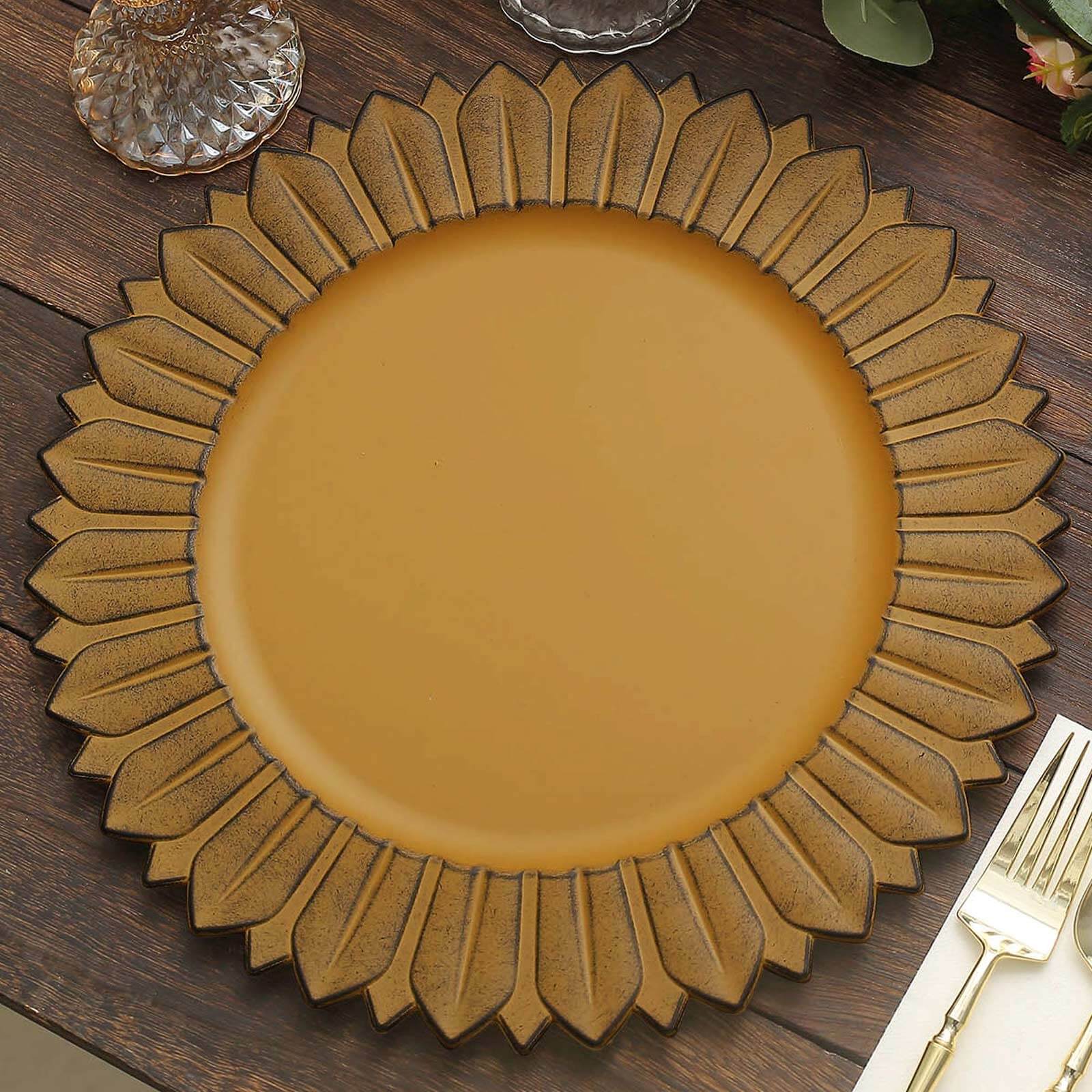 6-Pack Plastic Round Charger Plates 13 in Mustard Yellow with Sunflower Rim, Matte Finish Disposable Dinner Charger Tableware