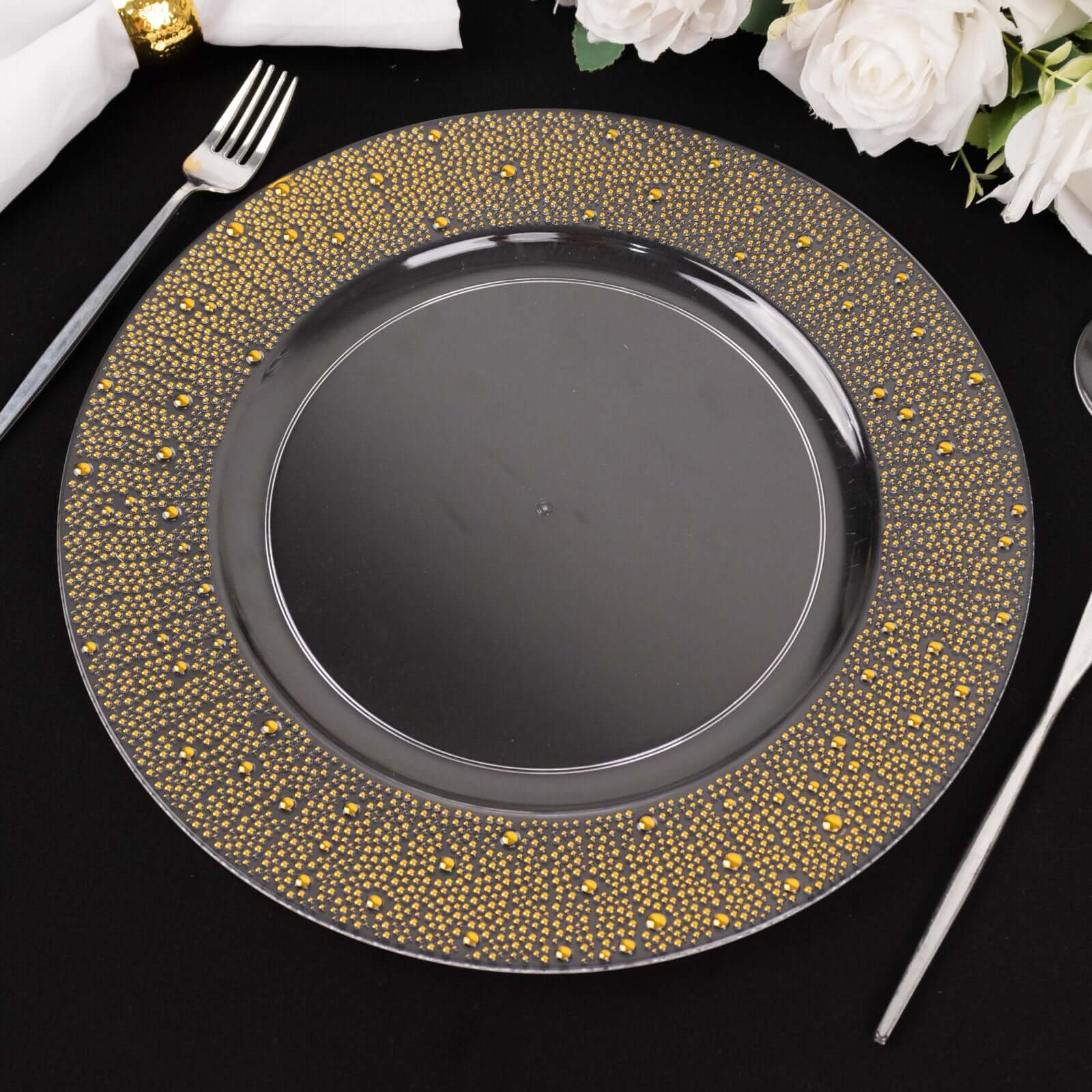 6-Pack Plastic Round Charger Plates 13 in Clear with Gold Pearl Beaded Rim, Upscale Dinner Serving Plates