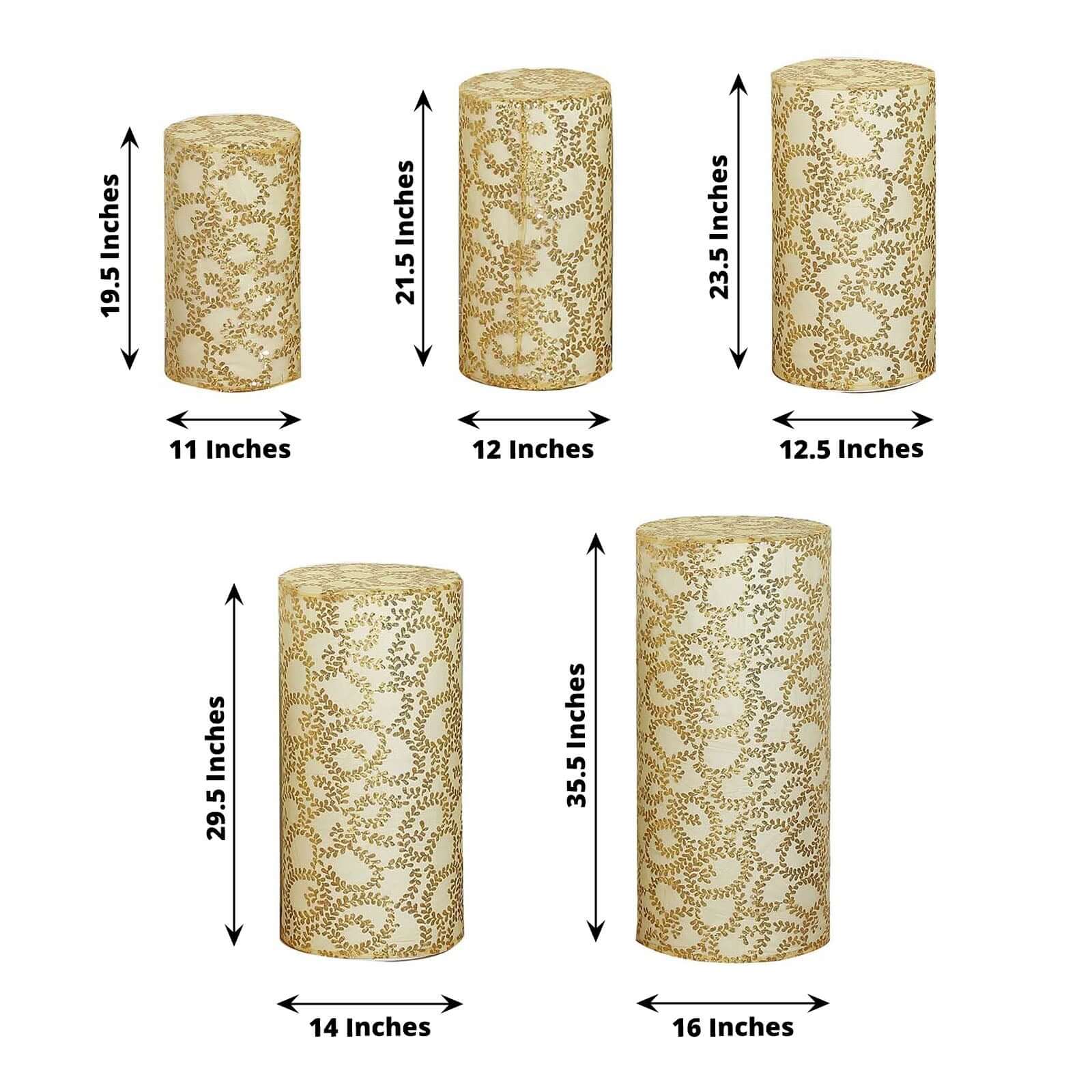 Set of 5 Gold Sequin Mesh Cylinder Pedestal Stand Covers with Leaf Vine Embroidery, Sparkly Sheer Tulle Pillar Prop Covers