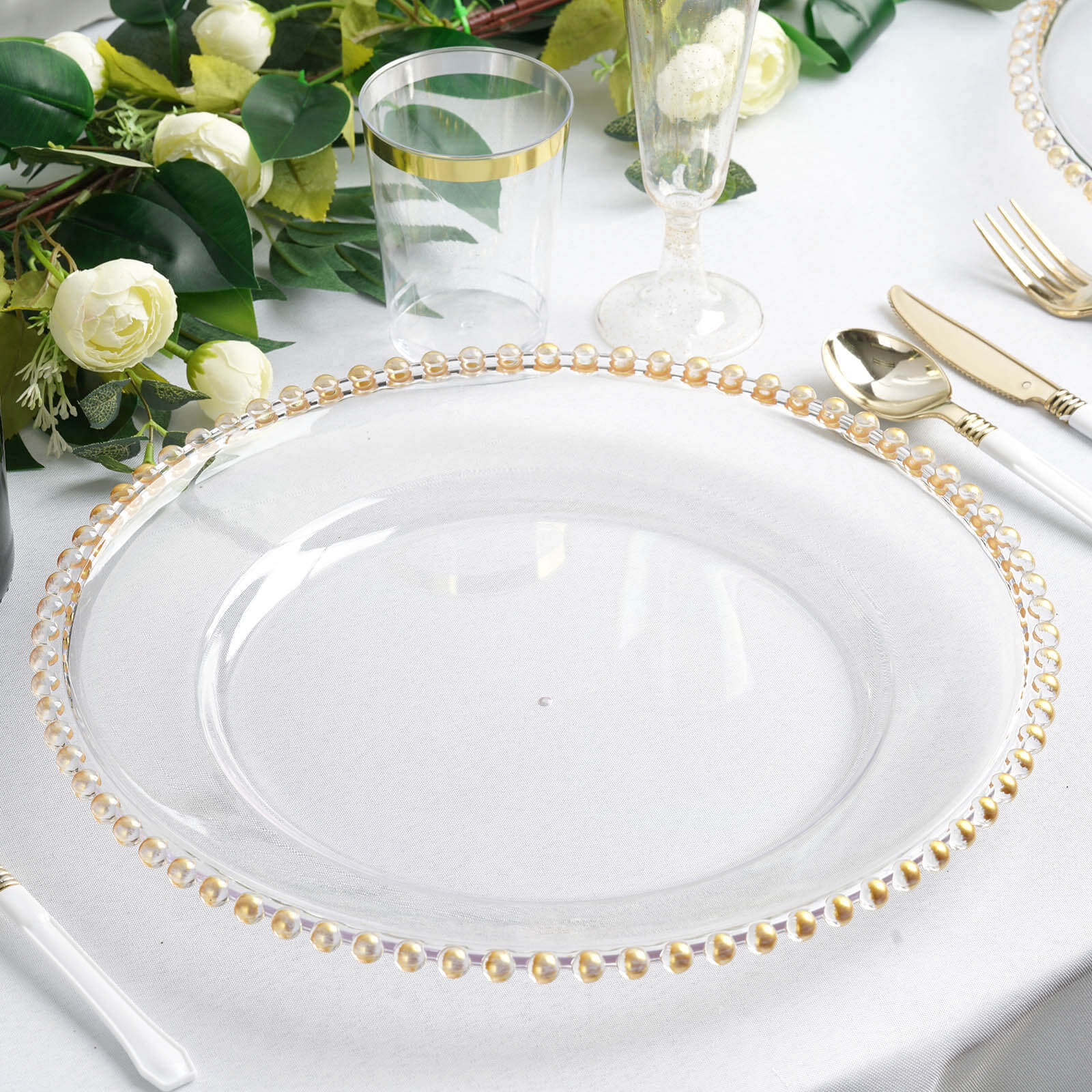 6-Pack Acrylic Round Charger Plates 13 in Clear with Gold Beaded Rim, Decorative Dinner Party Serving Plates