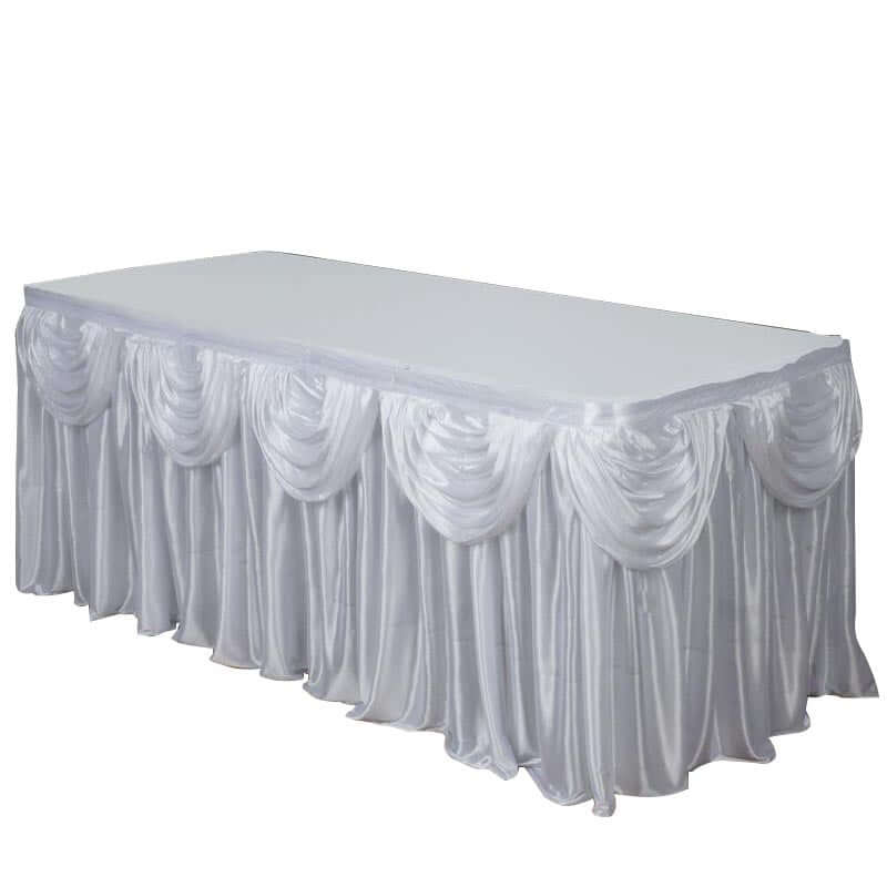 Satin 14ft Table Skirt White Pleated Double Drape Design - Soft & Graceful for Events