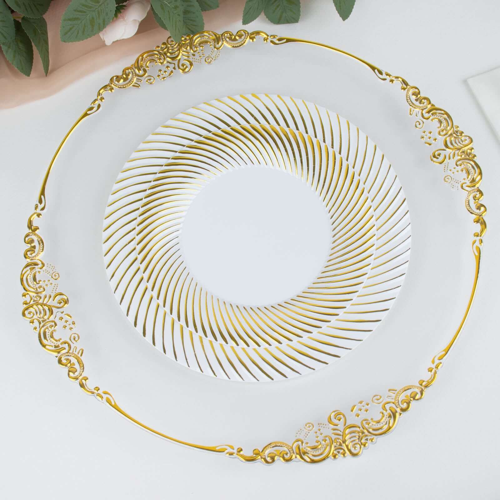 10-Pack Plastic 7 Round Dessert Plates in White with Gold Swirl Rim - Disposable Salad Plates for Classy Events & Banquets