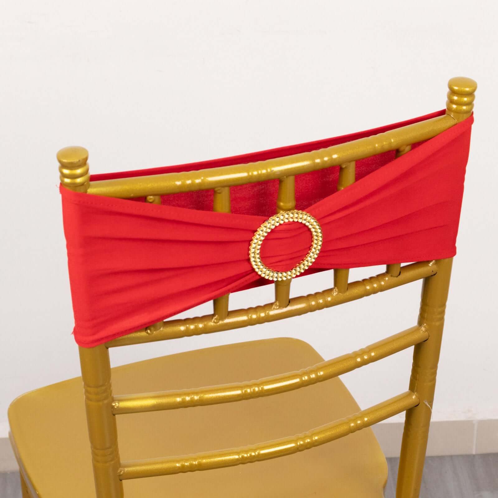 5 Pack Spandex Chair Sashes Red with Gold Rhinestone Buckles - Reusable Four-Way Stretch Sash Bands 5x14