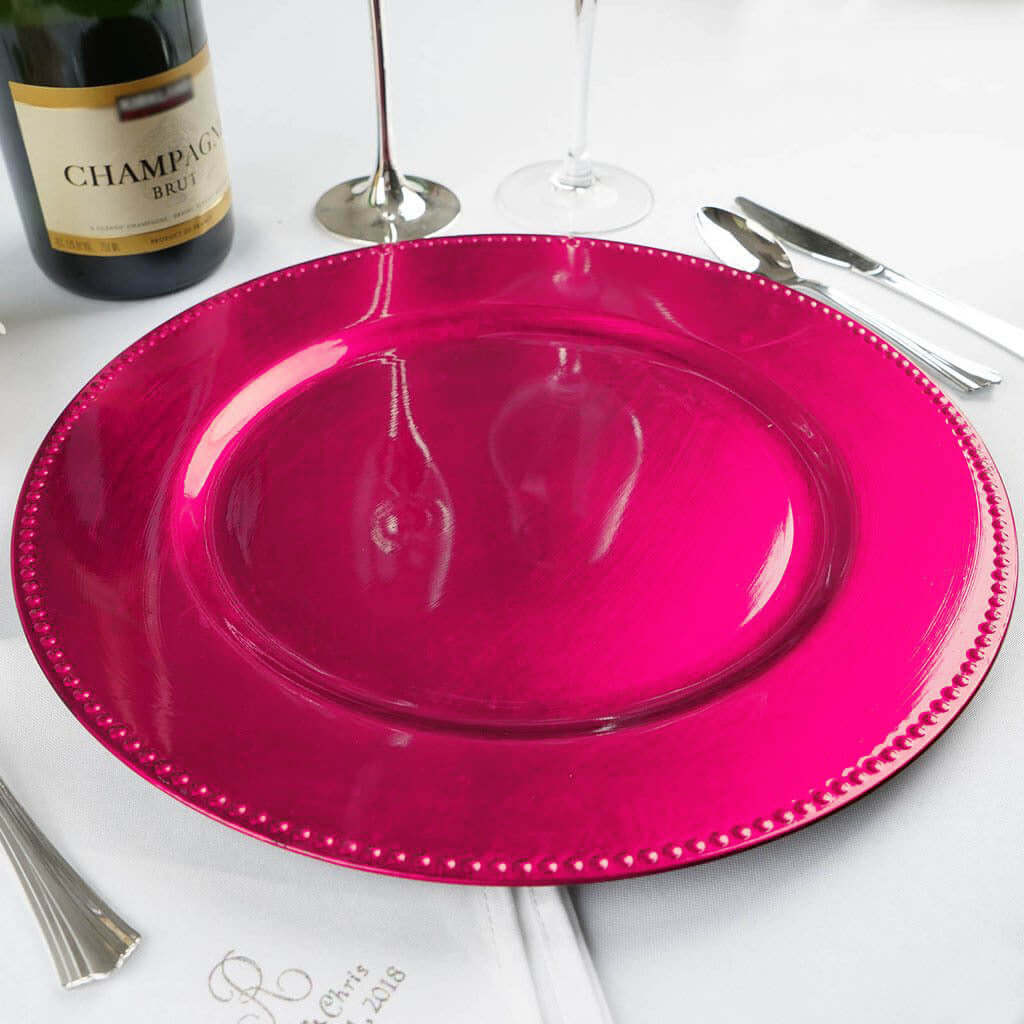 6-Pack Acrylic Round Charger Plates 13 in Hot Pink with Beaded Rim, Dinner Charger Event Tabletop Decor