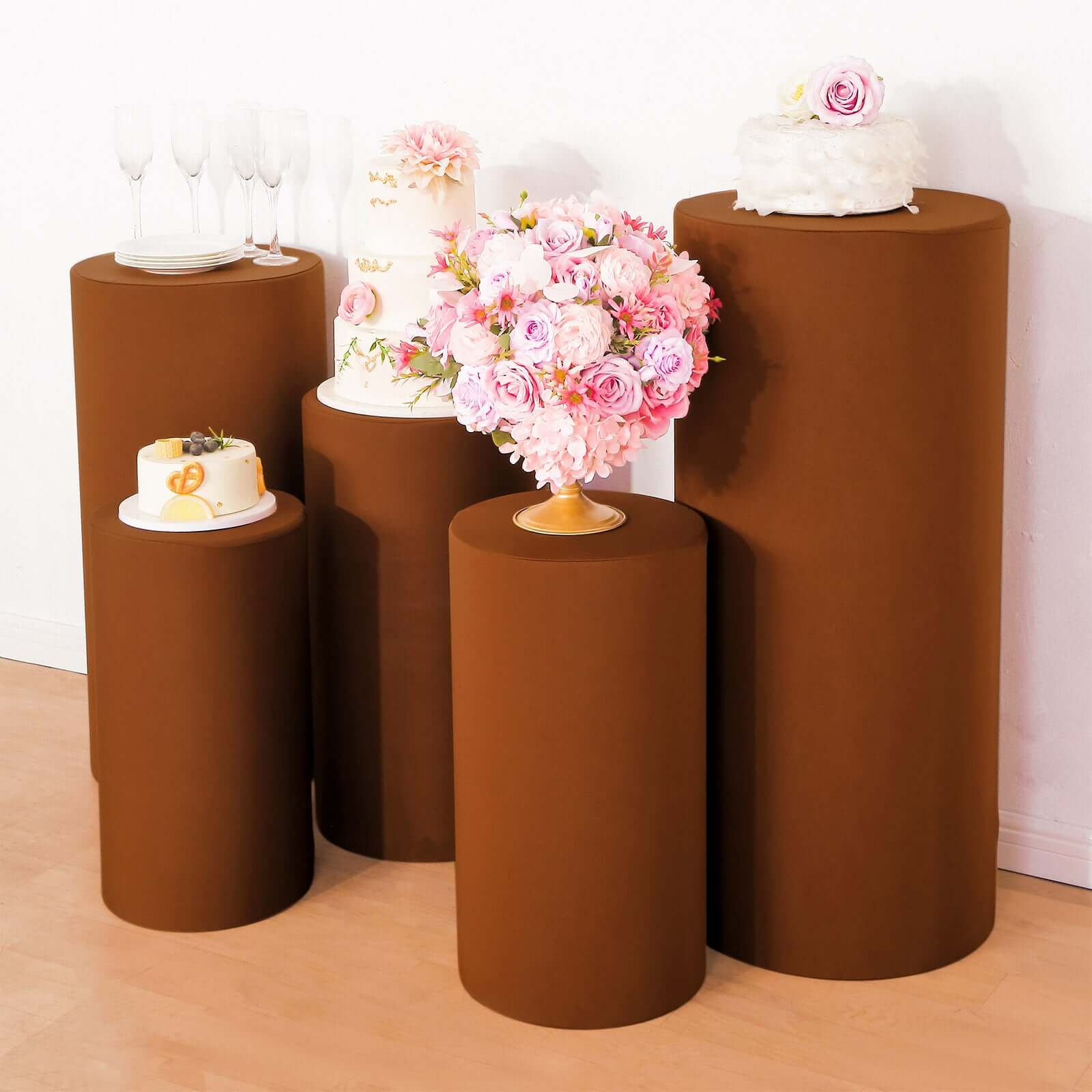 Set of 5 Cinnamon Brown Spandex Cylinder Pedestal Stand Covers, Stretchable Pillar Prop Covers - 160 GSM