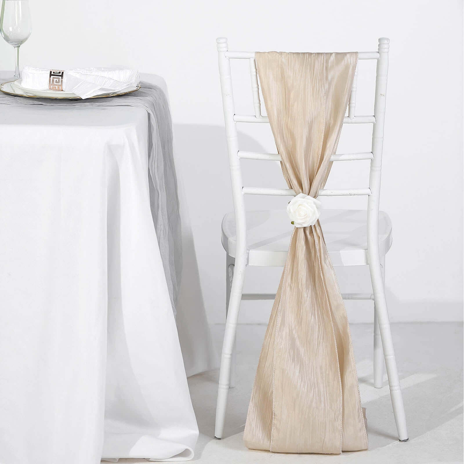 5 Pack Taffeta 6x106 Chair Sashes Beige Accordion Crinkle Texture - Stylish Decor for Weddings & Gatherings