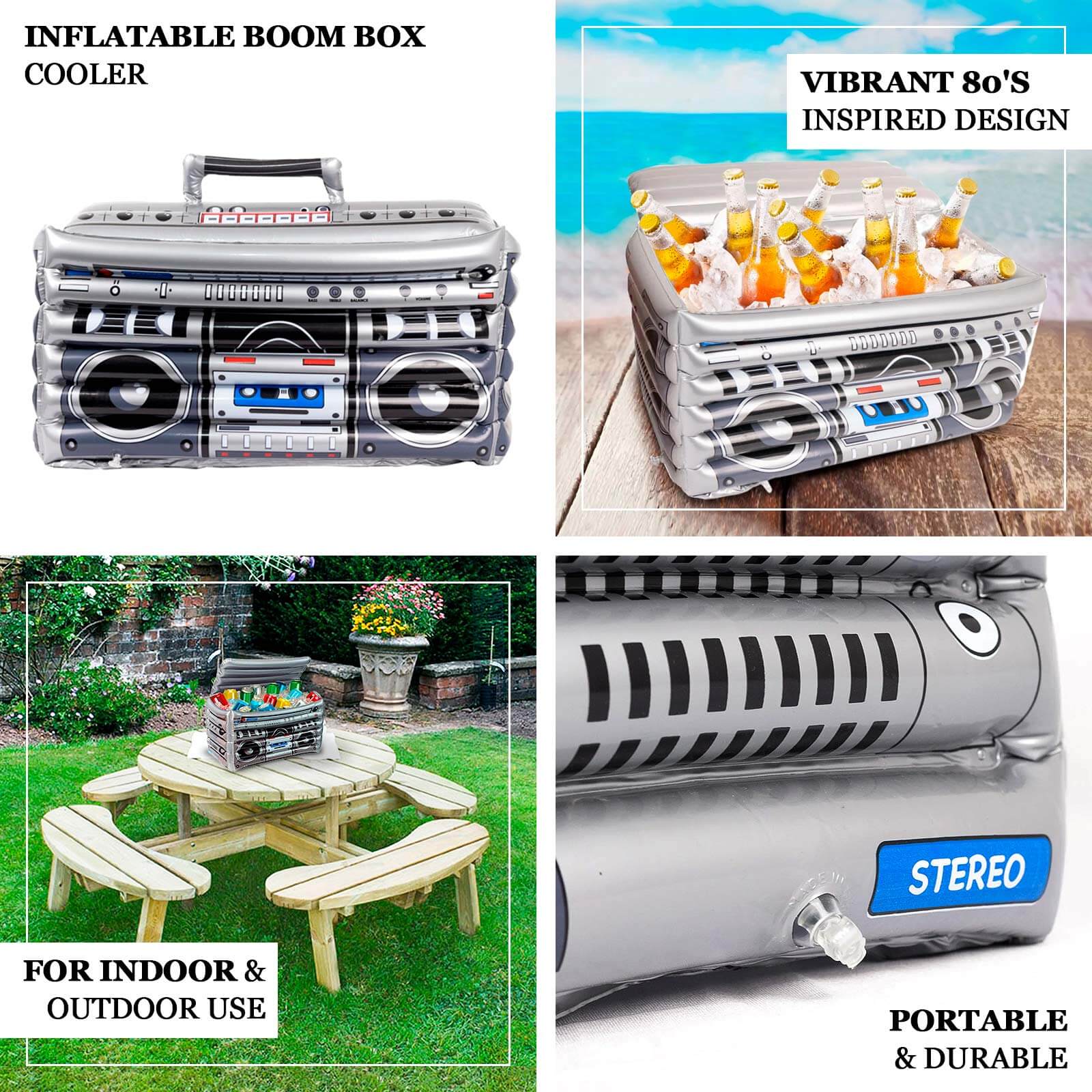 Silver Inflatable Ice Beverage Cooler with 80's Boom Box Design - Party Drink Container for Pool Events 24x12