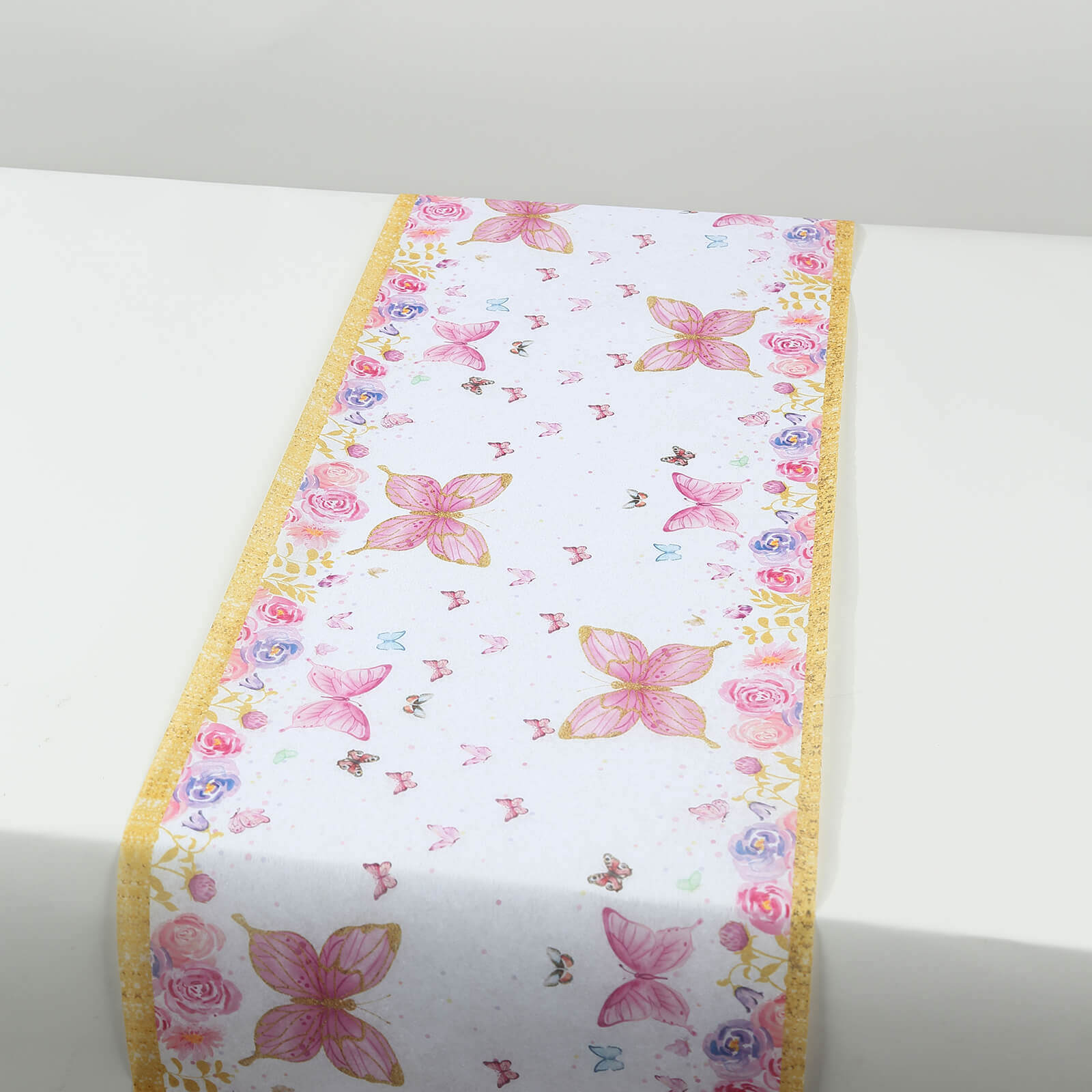 5 Pack Disposable Table Runners 11x108 White with Pink Butterflies - Non-woven Stylish Spring Summer Dining Decor