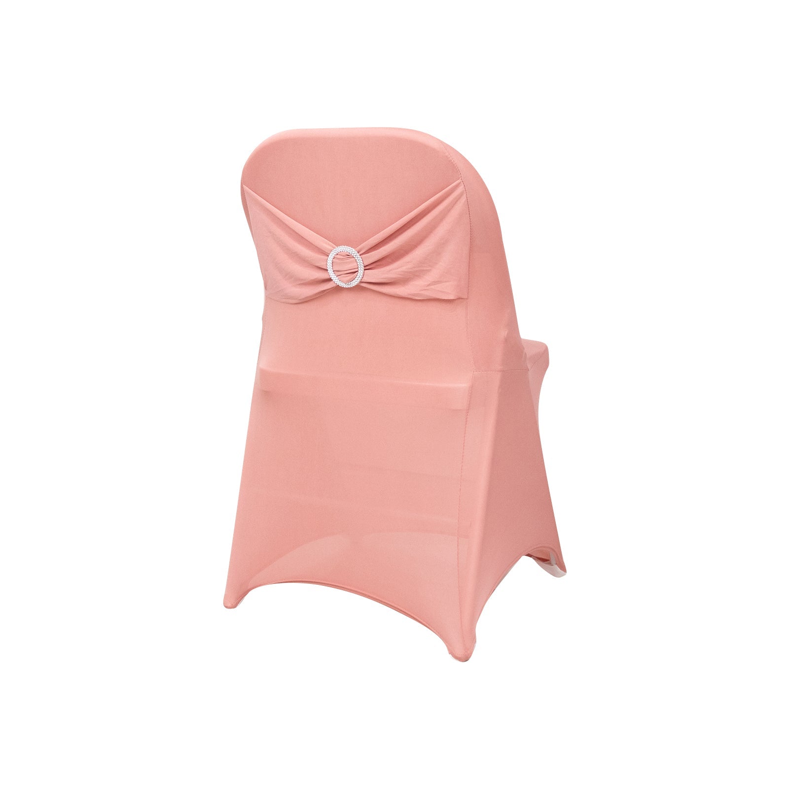 Stretch Spandex Chair Cover Dusty Rose for Folding Chairs - Secure Fit Slipcover with Silver Rhinestone Buckled Sash Band