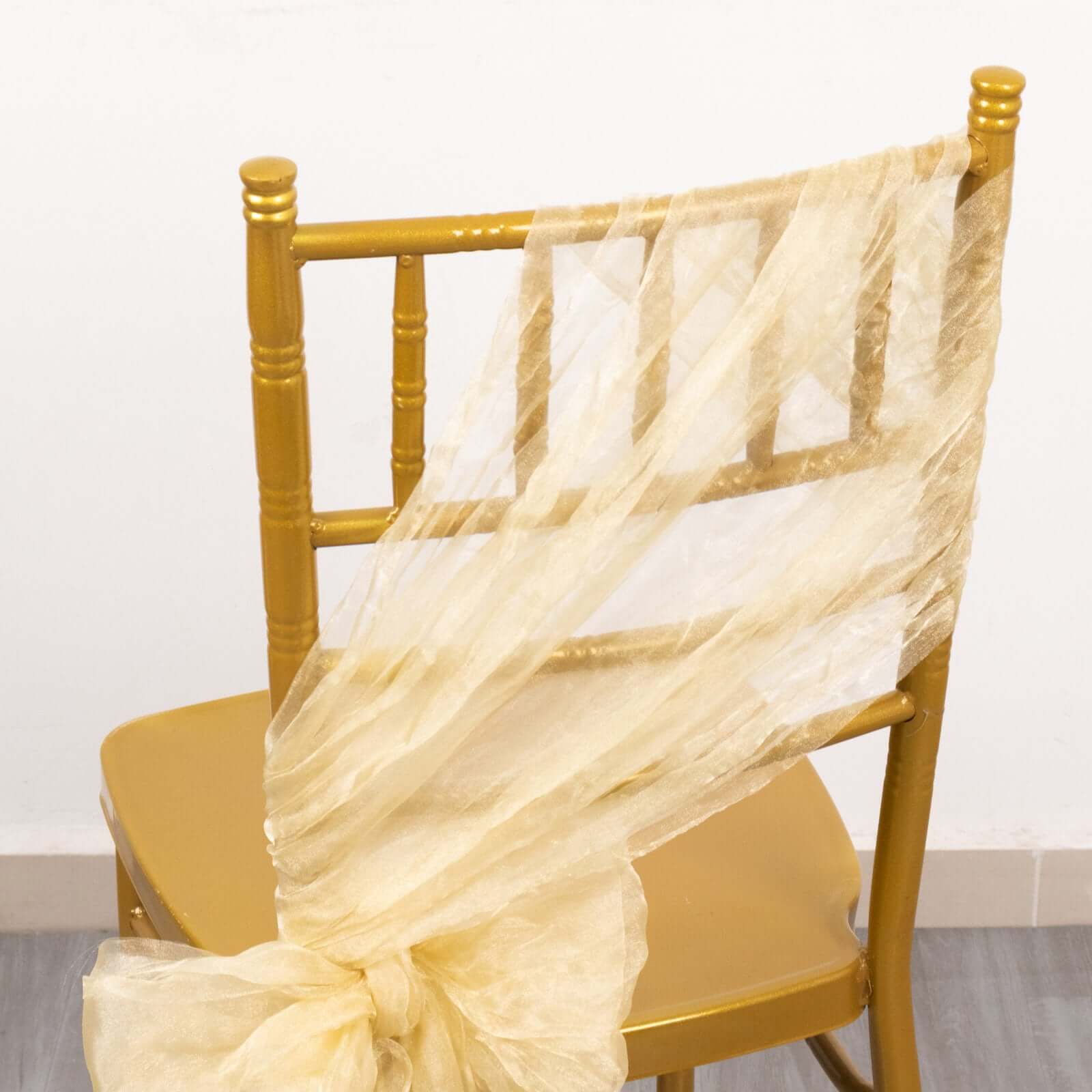 5 Pack Crinkled Organza Chair Sashes Champagne with Shimmer Chiffon Layers - Stylish Sheer Decor