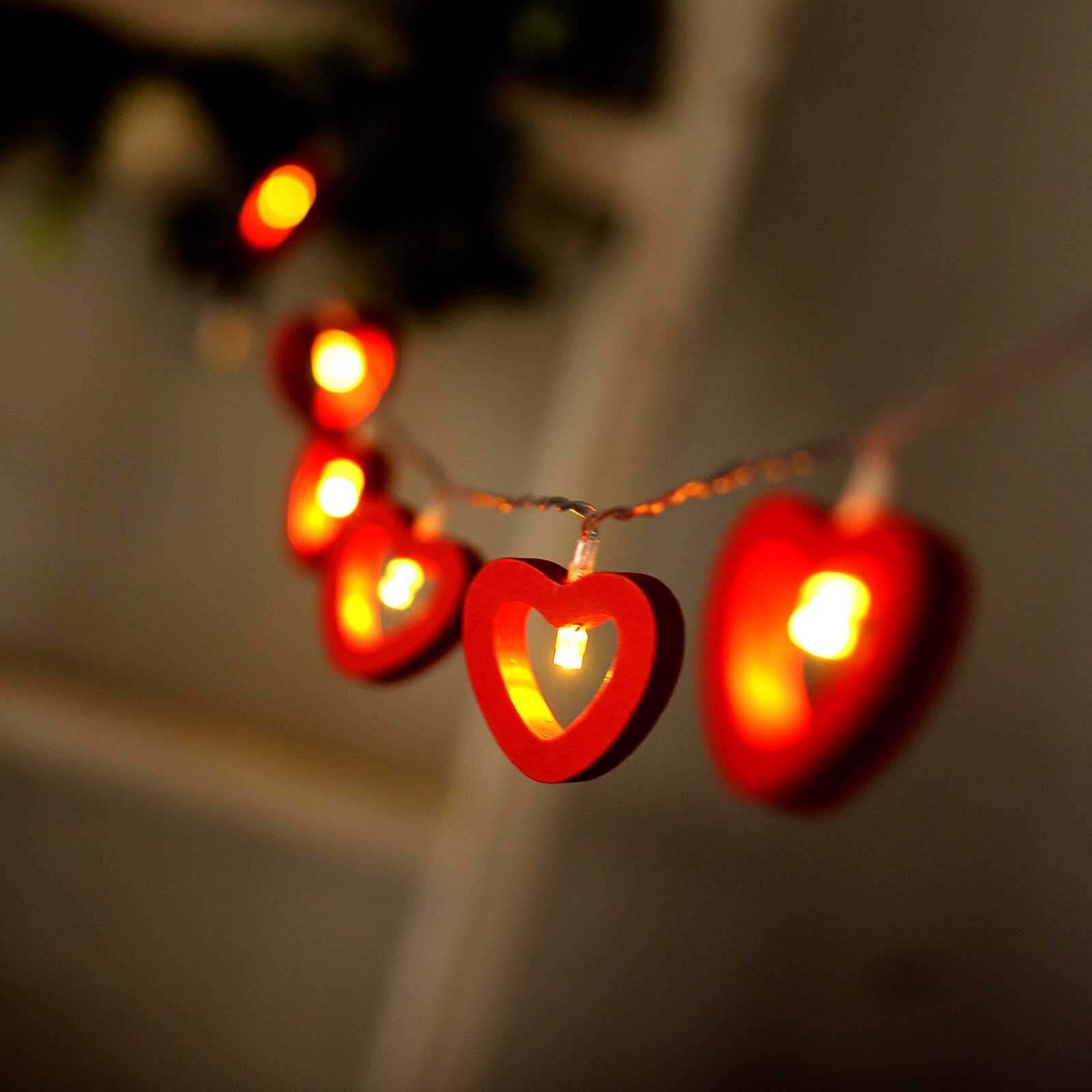 Wooden Heart String Lights Red Design Warm White - Battery Operated Hanging Accent 5ft