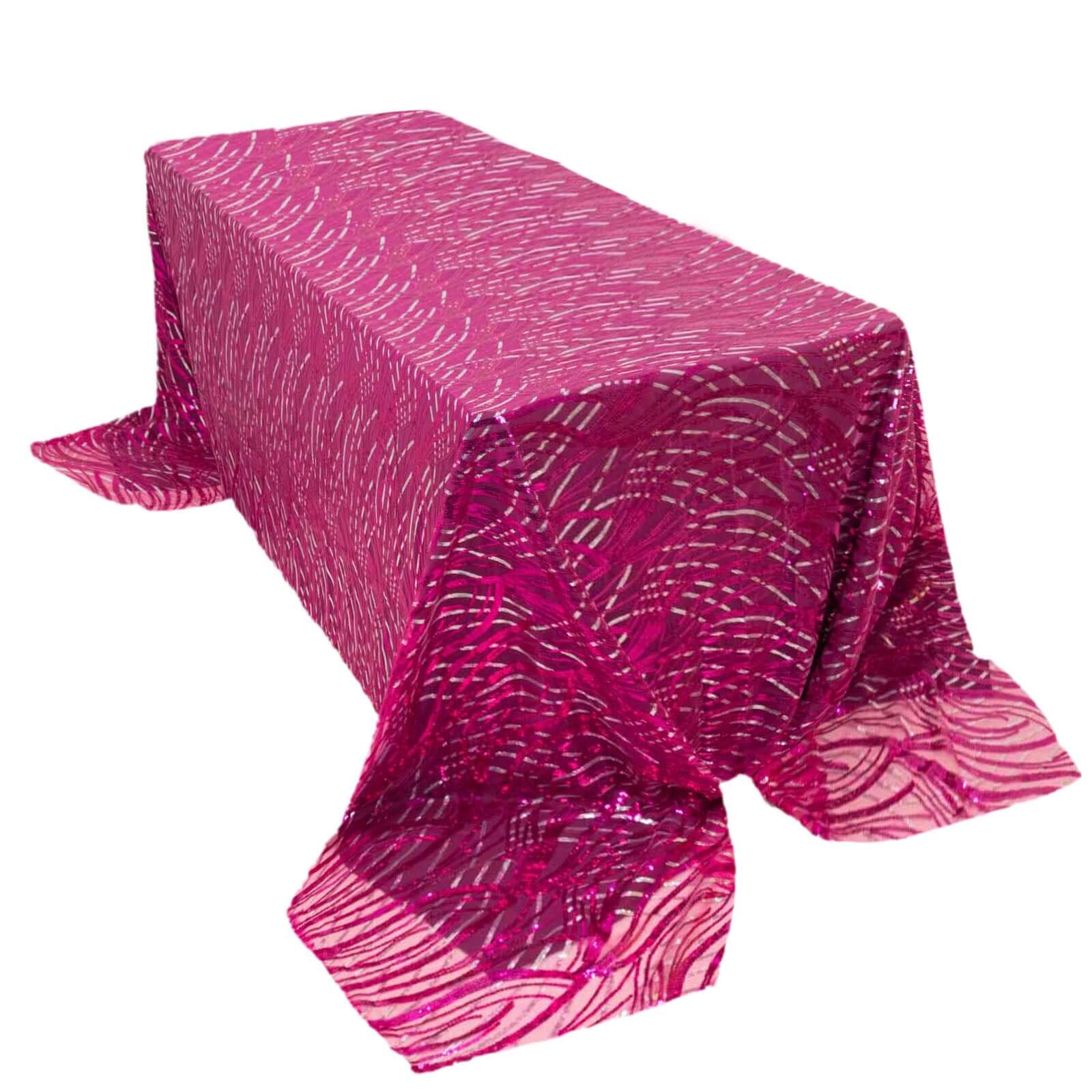 Mesh 90x156 Rectangle Tablecloth Fuchsia/Silver - Wave Sequin Embroidered Table Cover