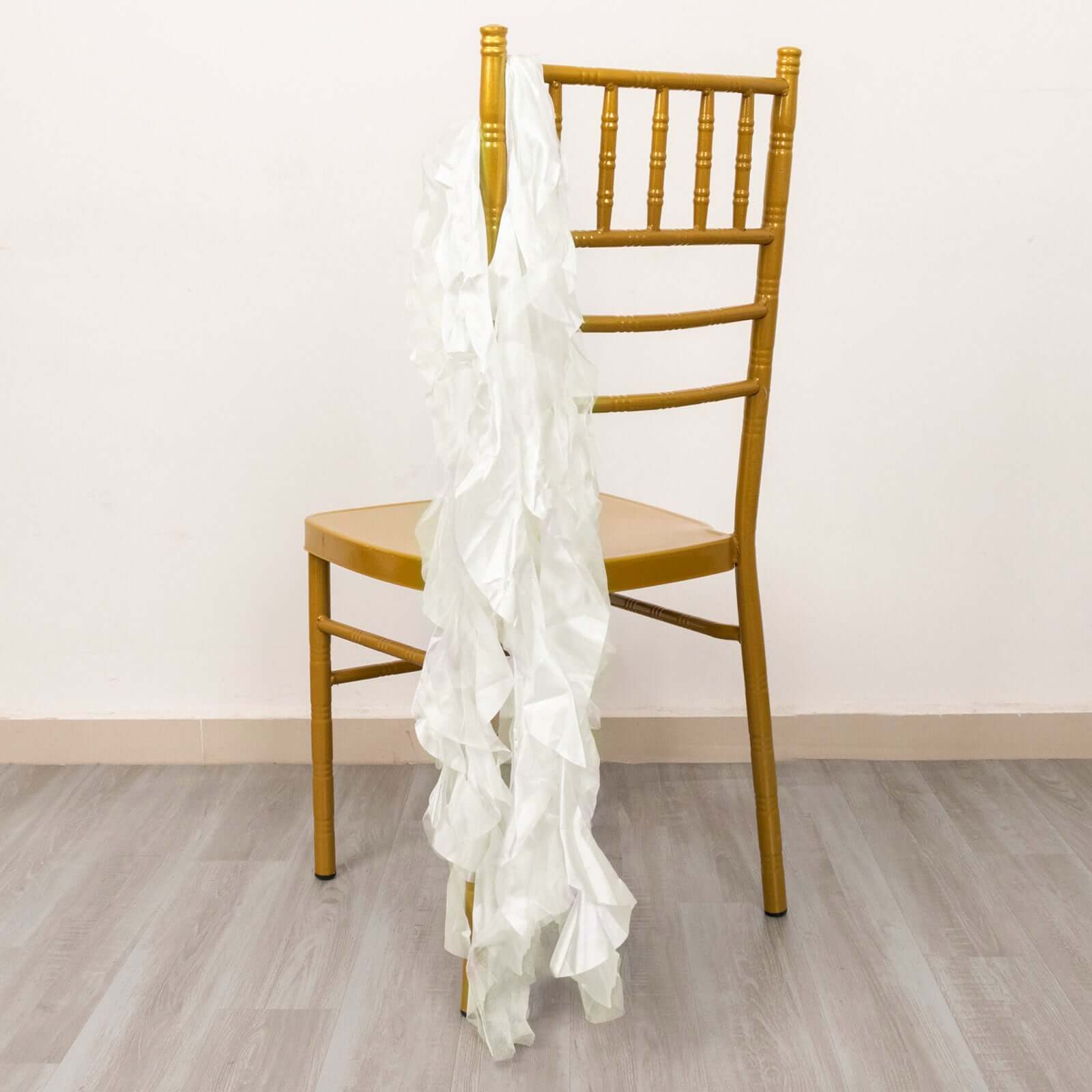 5 Pack Chiffon Satin Chair Sashes Ivory - Easy to Install Ruffled Curly Willow