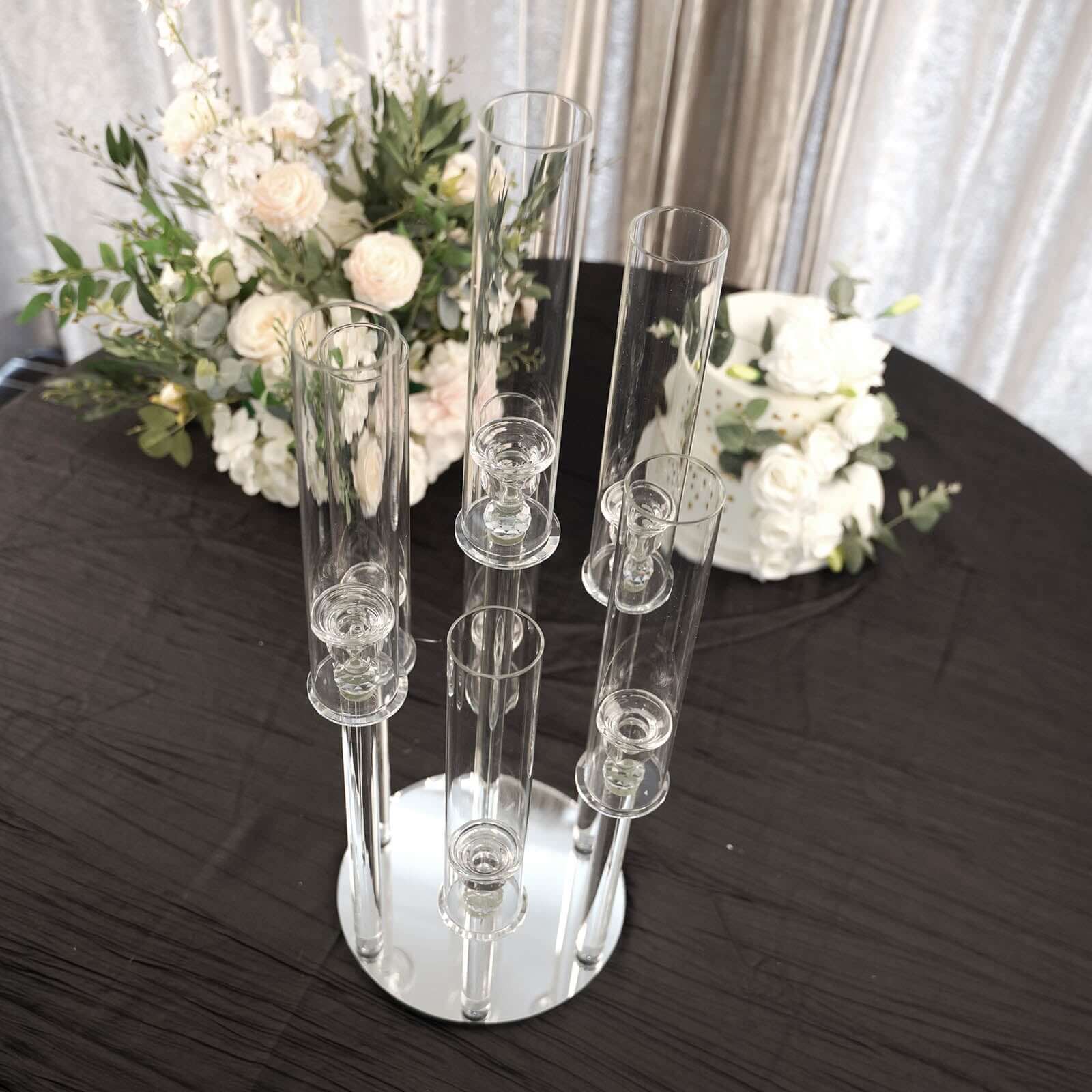 7-Arm Round Taper Crystal Candelabra with Mirror Base Clear - Lustrous Candle Holder Table Centerpiece for Votive & Pillar Candles 33