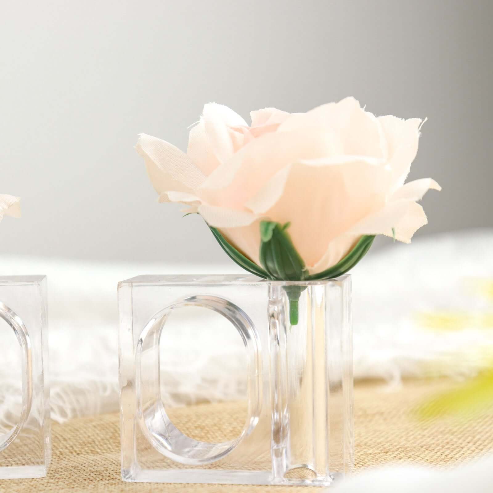 4-Pack Acrylic Napkin Rings 2-in-1 Square Mini Bud Vase Clear - Decorative Flower Napkin Holders for Table Settings