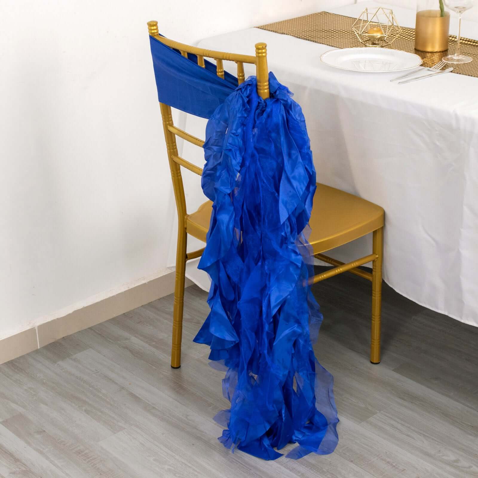 5 Pack Chiffon Satin Chair Sashes Royal Blue - Easy to Install Ruffled Curly Willow