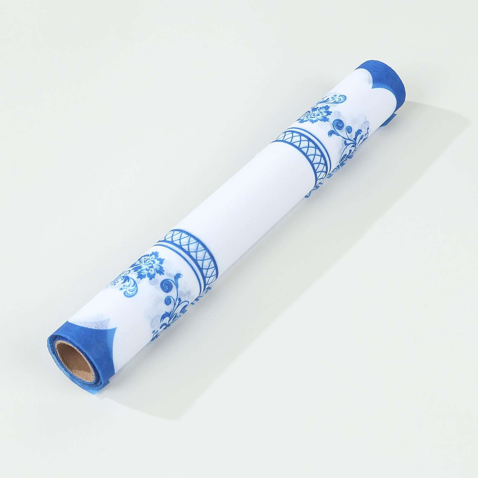 5 Pack Disposable Table Runners 11x108 White with Blue Ornate Floral Prints - Non-woven Stylish Kitchen Dining Table Decor