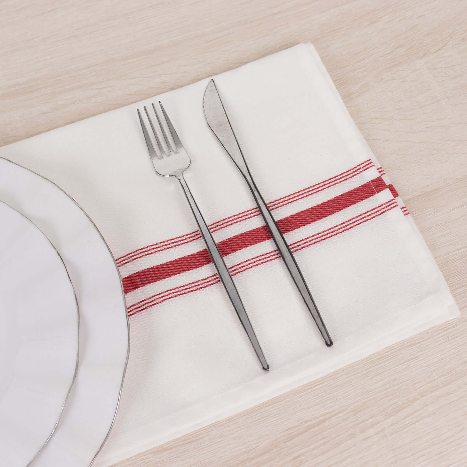 10 Pack Premium Spun Polyester 18x22 Napkins White/Red Bistro Style - Highly Absorbent Cotton-Like Feel Cloth Napkins