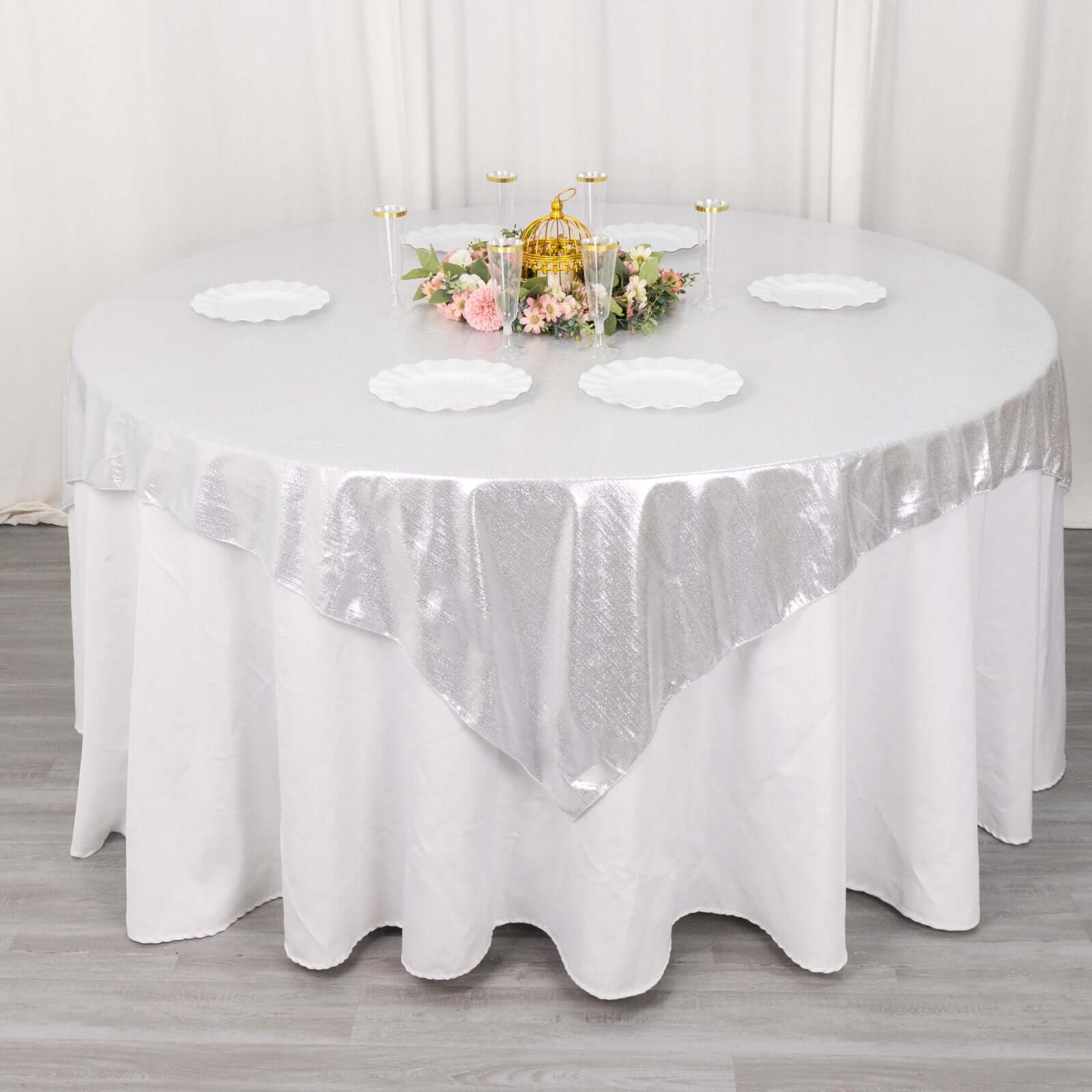 Polyester 72x72 Table Overlay Square Tablecloth Silver - Sequin Dots Wrinkle-Free Table Cover