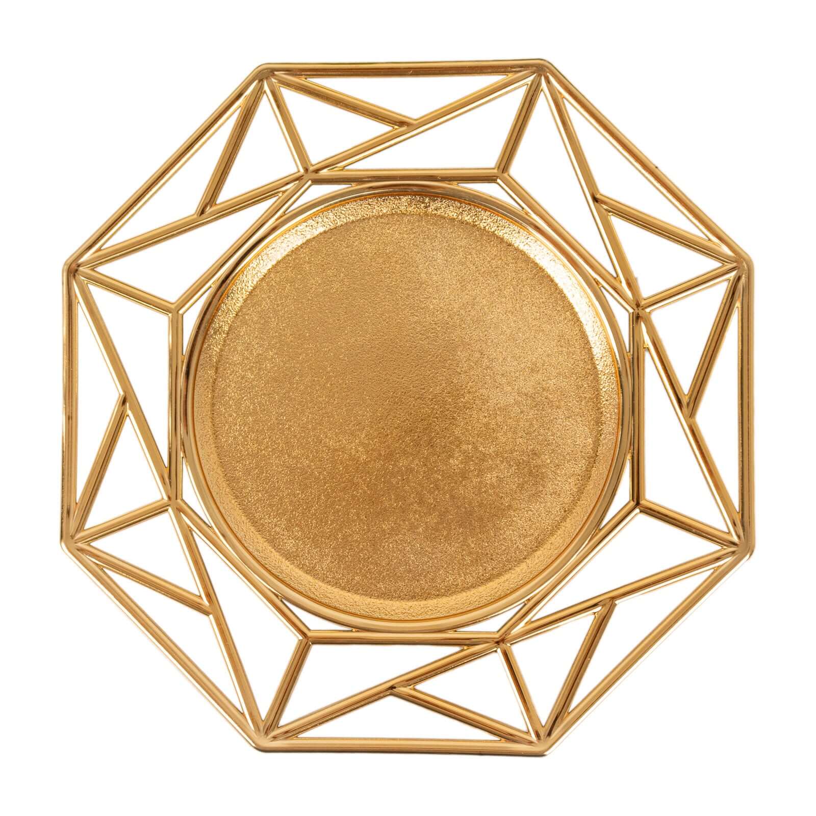 6-Pack Acrylic Octagon Charger Plates 13 in Metallic Gold with Hollow Geometric Rim, Plastic Disposable Decorative Chargers