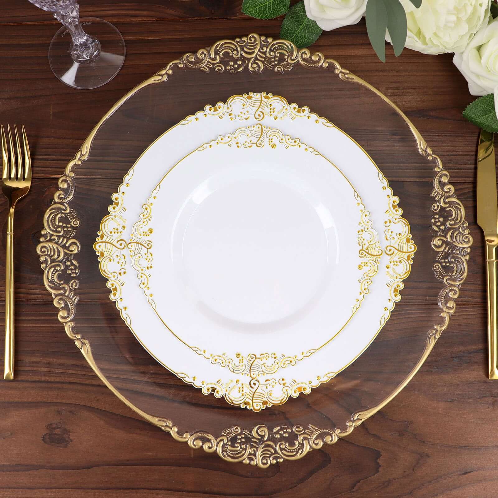 10-Pack Plastic 8 Round Dessert Plates in White with Gold Leaf Embossed Rim - Disposable Vintage Baroque Style Salad Plates for Luxurious Gatherings & Events