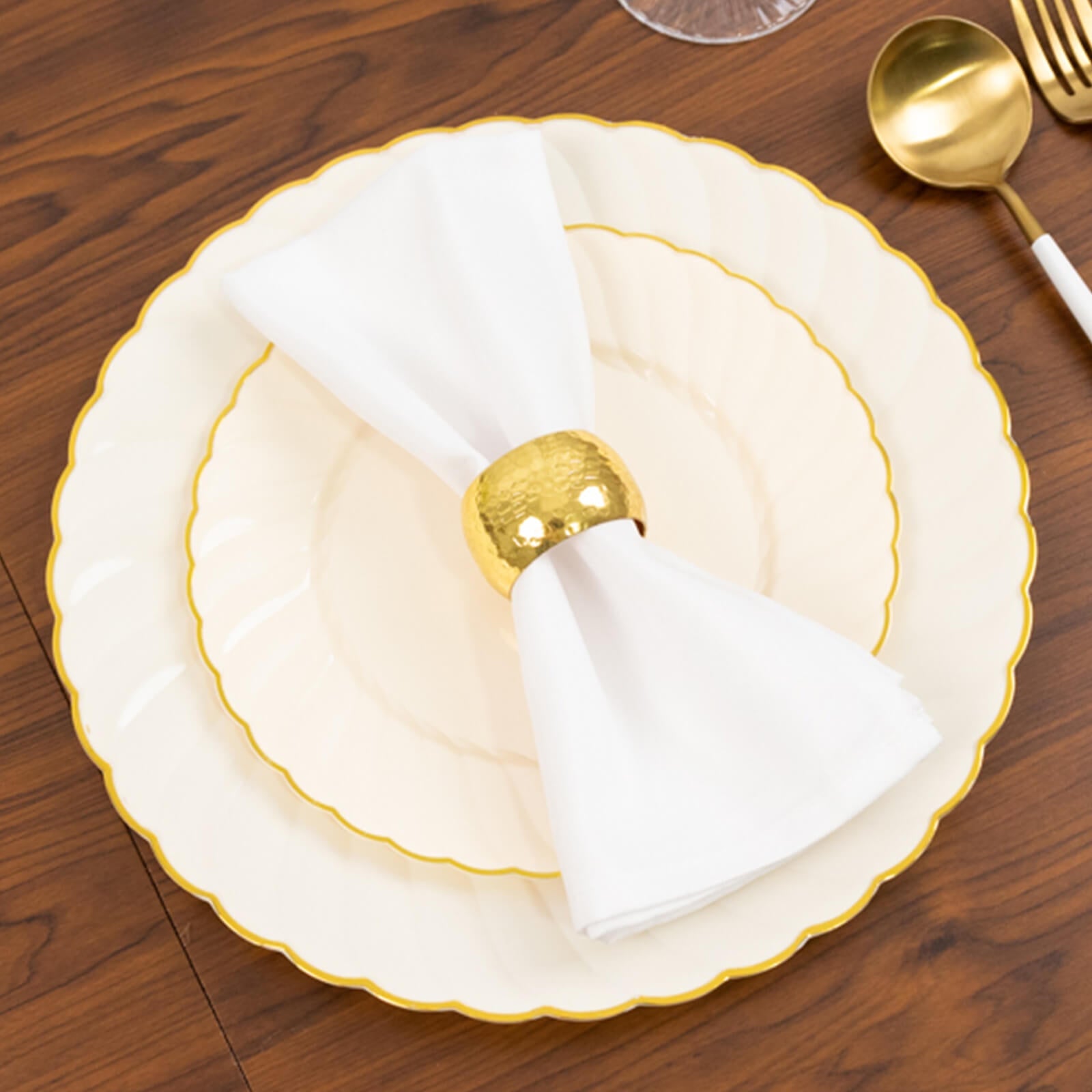 10-Pack Plastic 7.5 Round Salad Dessert Plates in Ivory with Gold Flair Rim - Disposable Party Plates