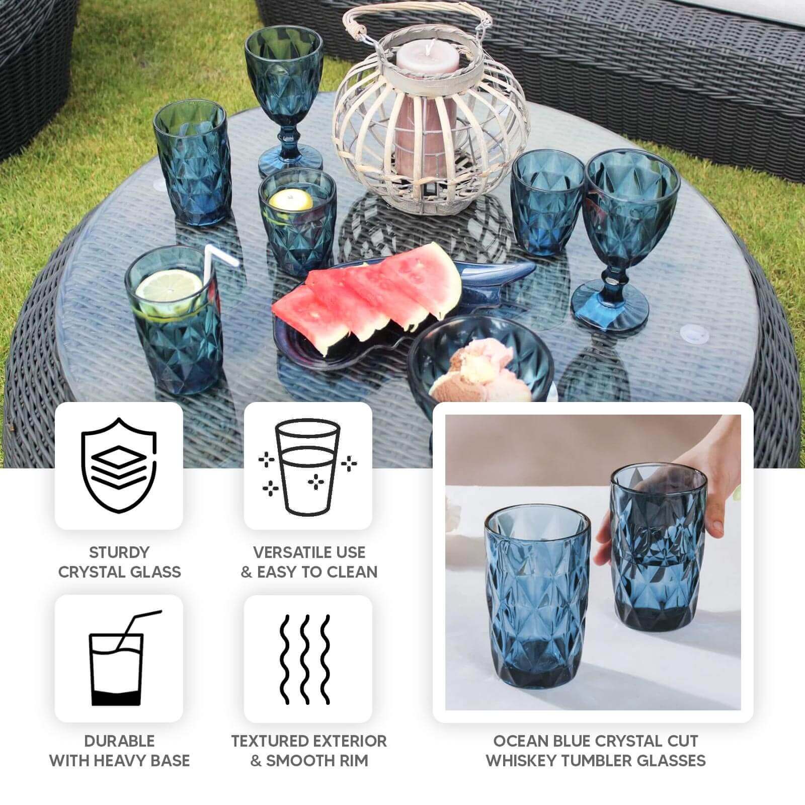 6-Pack Whiskey Glasses Ocean Blue Textured Crystal Cut Design with Heavy Base - Highball Tumblers for Parties & Events 12oz 5