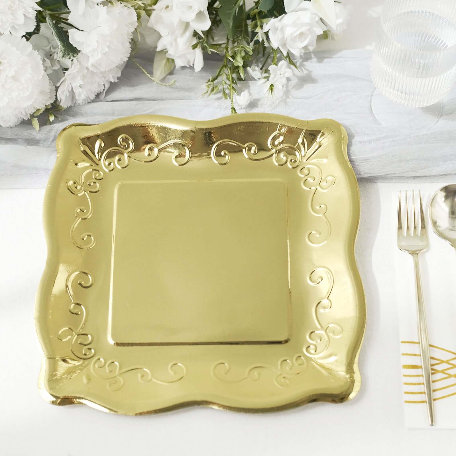 25-Pack Paper 11 Square Dinner Plates in Gold with Vintage Pottery Embossed Design - Shiny Metallic Disposable Serving Plates for Glamorous Dinners & Events