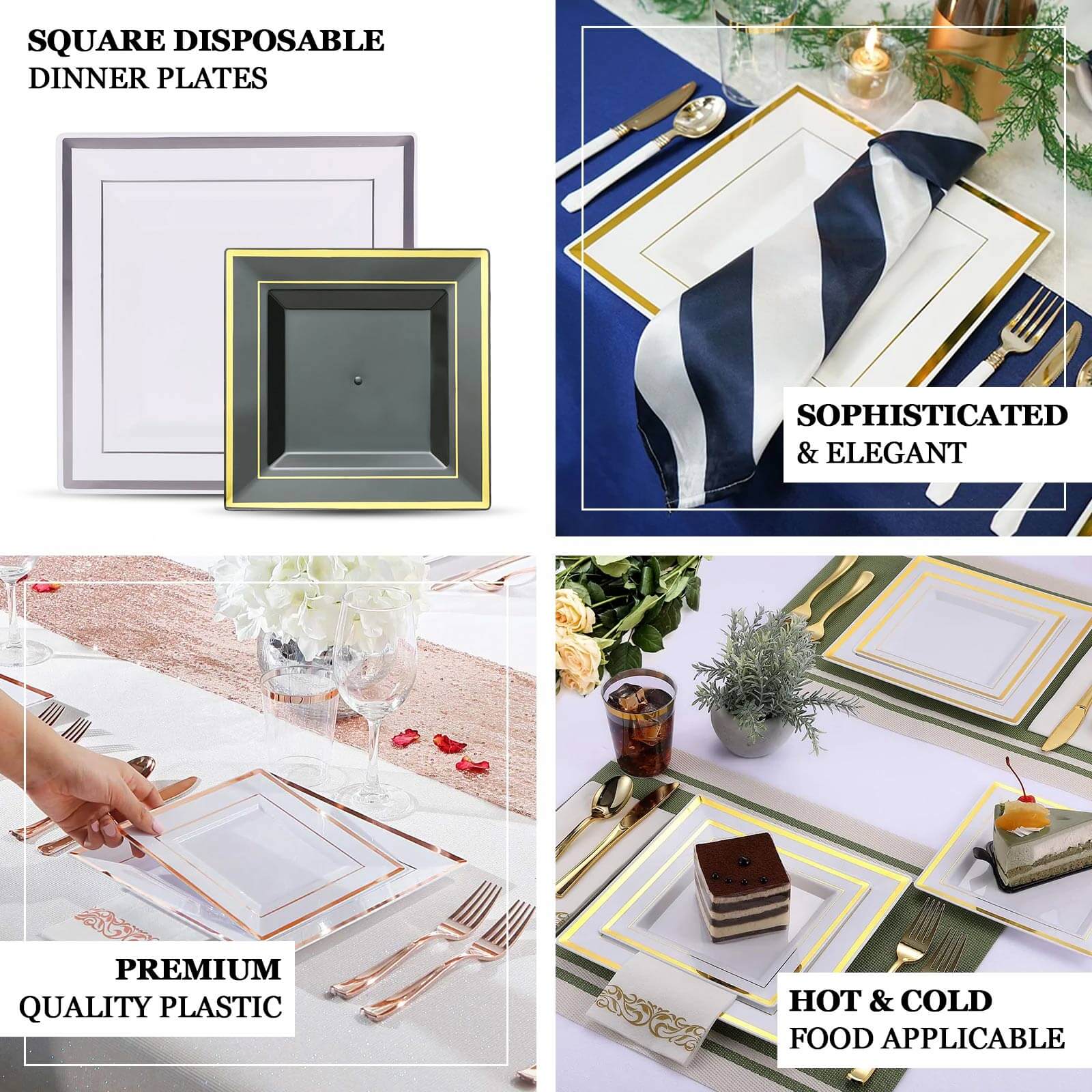 10-Pack Plastic Salad Dessert Plates White Square with Rose Gold Trim - Durable Disposable Appetizer Plates 7