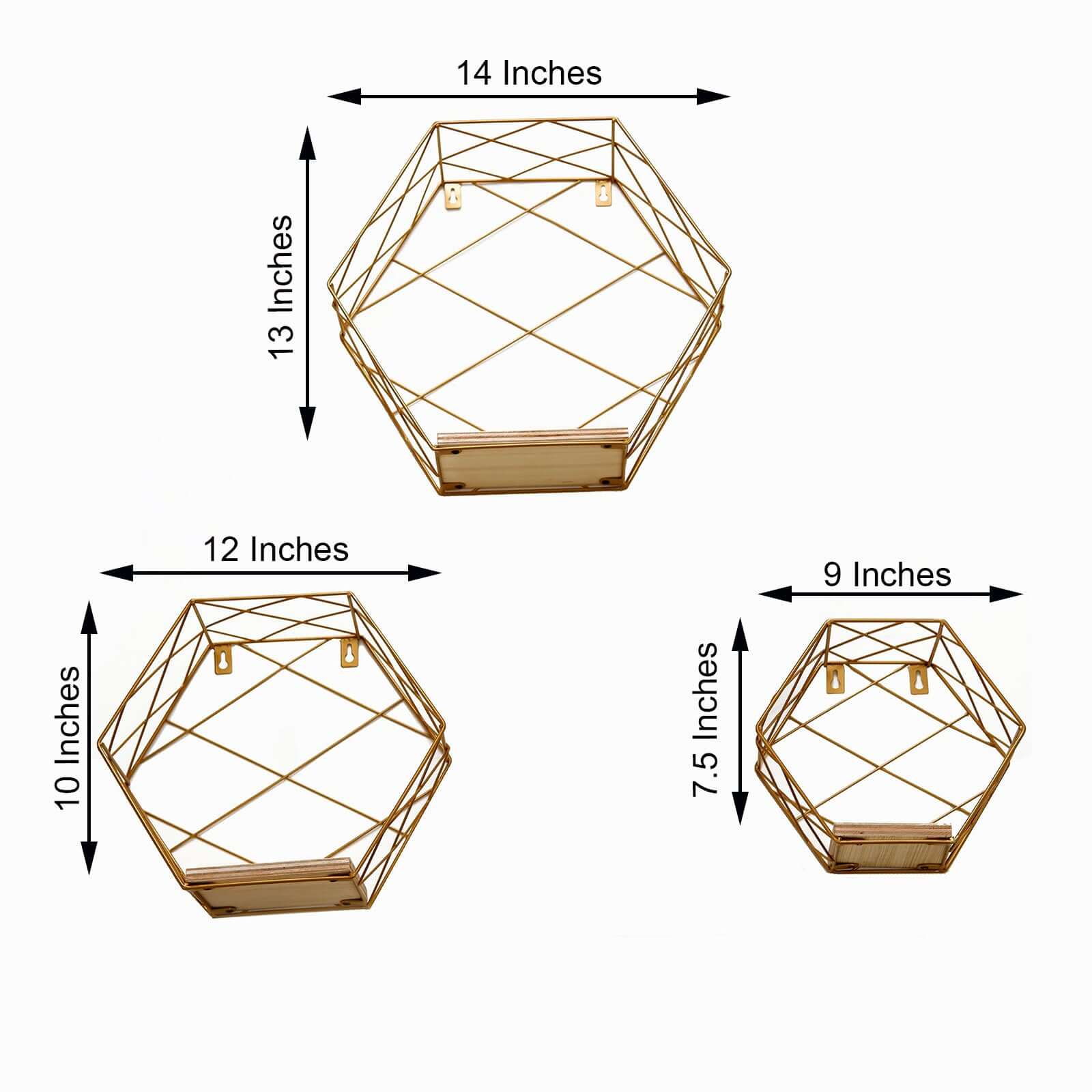 3 Pack Gold Hexagonal Floating Wall Shelves, Decorative Geometric Wall Mounted Shelves - 9,12,14