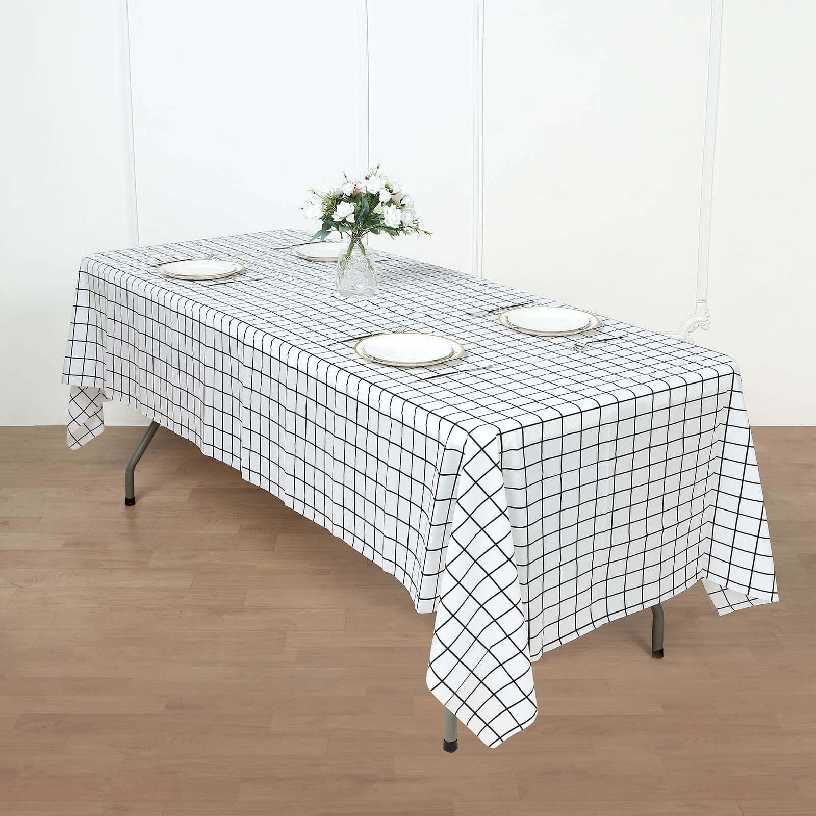 5-Pack Plastic Table Covers Black/White Grid Rectangle - Durable Checkered PVC Disposable Tablecloths 54x108