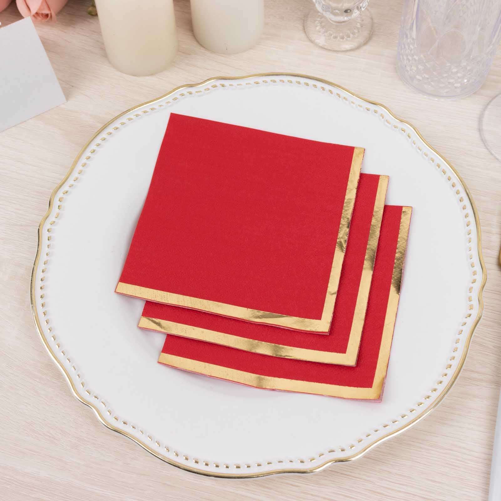 50-Pack Paper Beverage Napkins Red with Gold Foil Edge - 2 Ply Disposable Soft 18GSM Cocktail Napkins 5x5