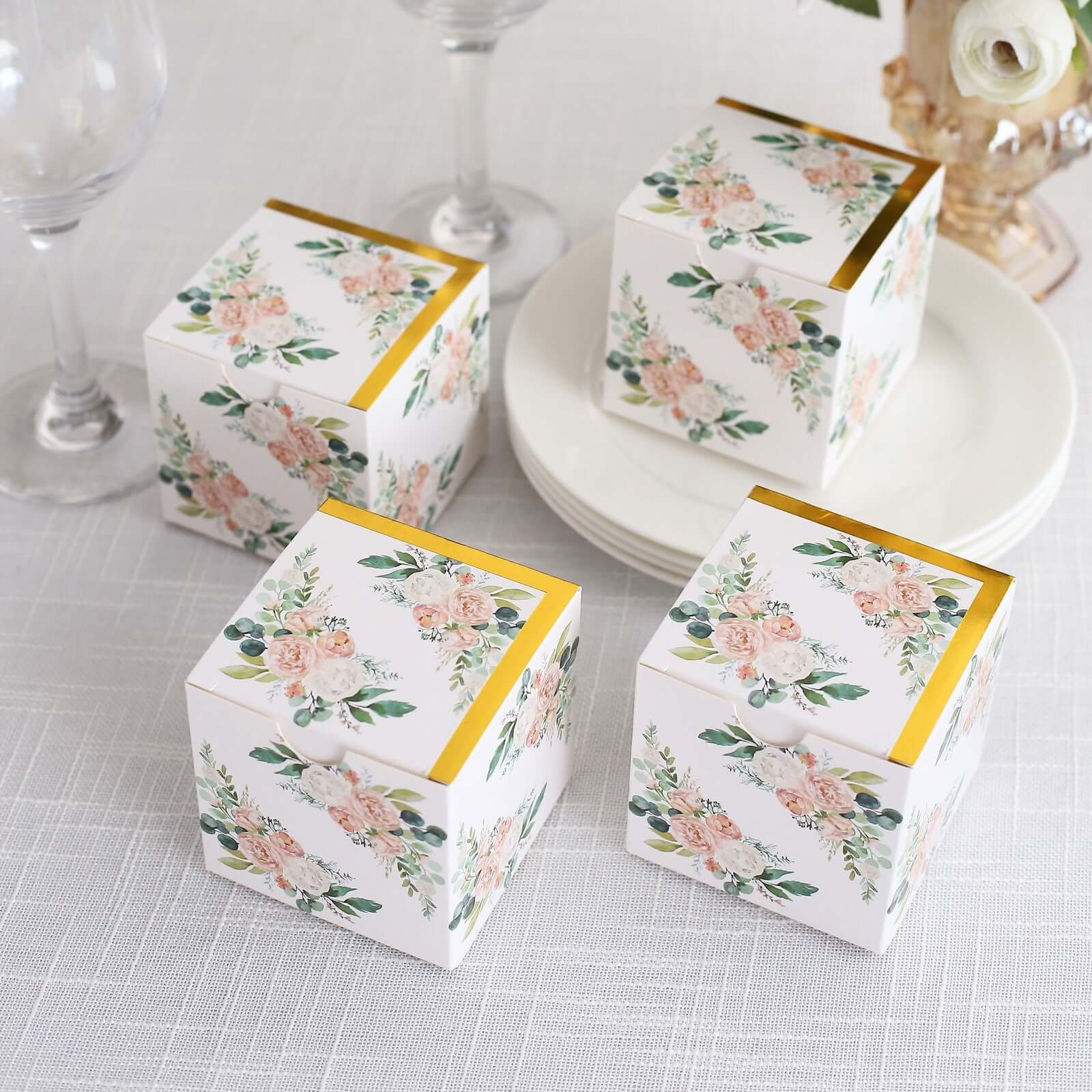 25 Pack White Pink Peony Flowers Print Paper Favor Boxes with Gold Edge, Cardstock Party Shower Candy Gift Boxes - 3x3x3