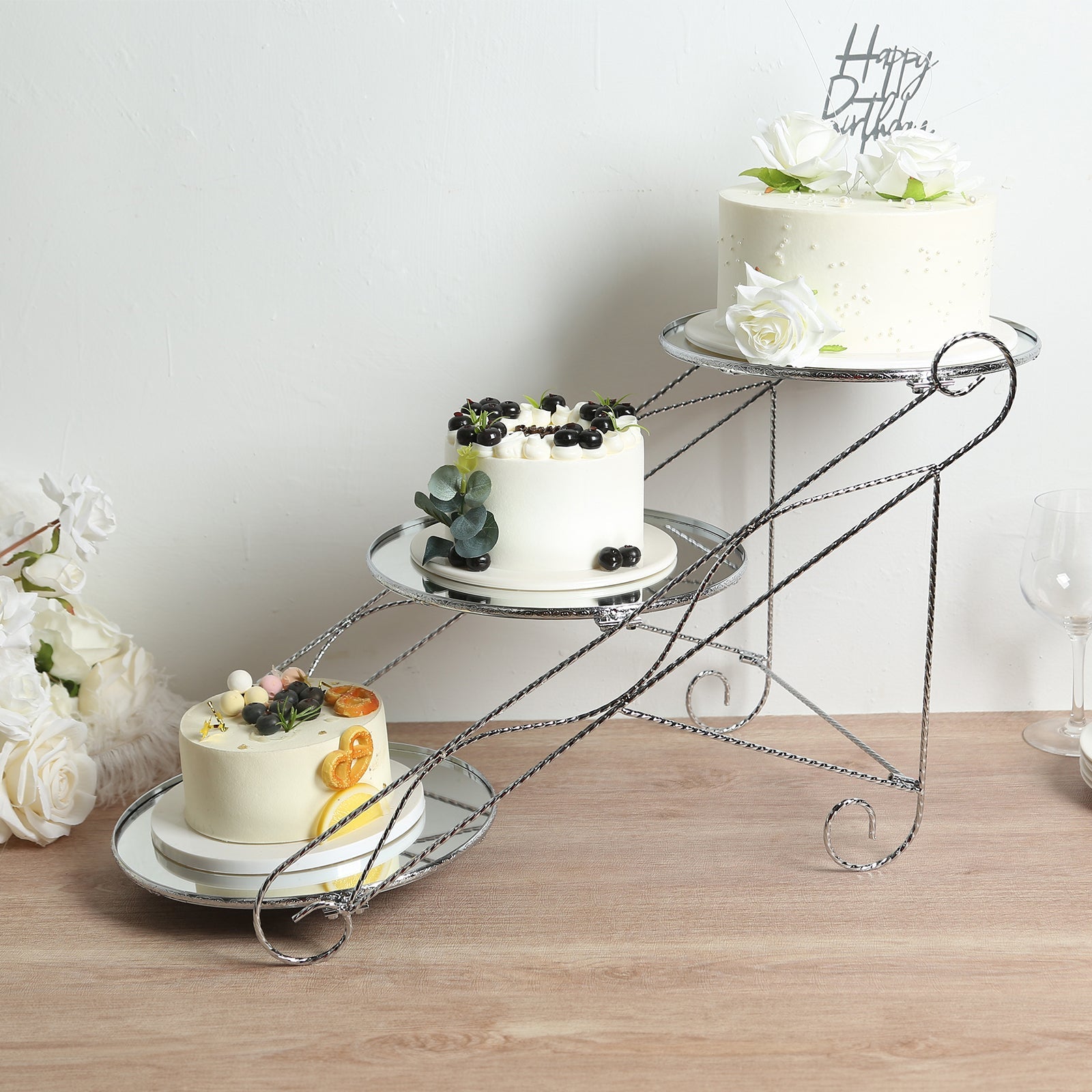 3-Tier Cake Stand Cascading Design with Round Mirror Trays Silver - Dessert Display and Serving Platter Metal 16x19