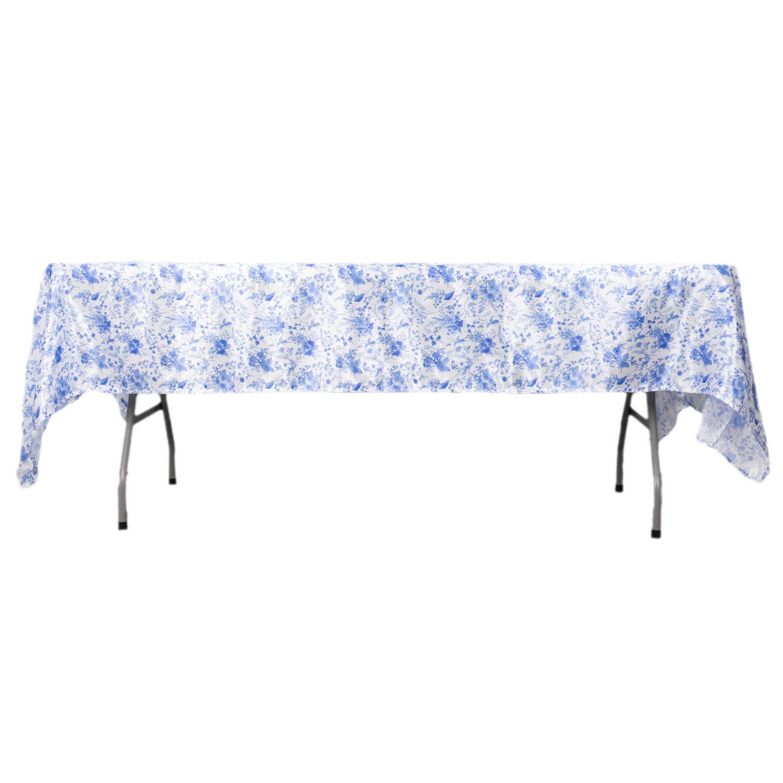 Satin Round 60x102 Tablecloth White/Blue French Toile Design - Stylish & Wrinkle-Resistant Table Cover