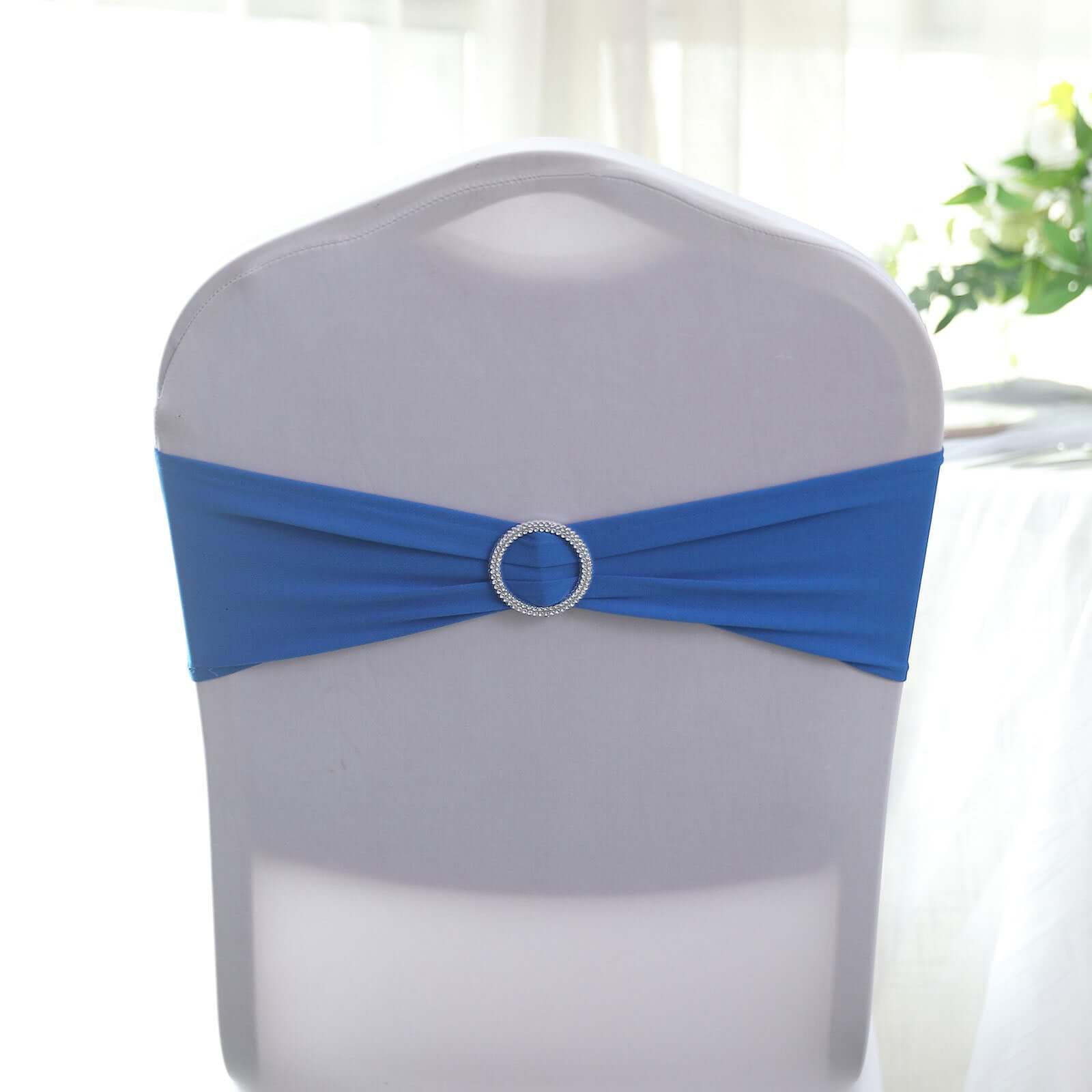 5 Pack Stretch Spandex Chair Sashes Royal Blue - Reusable Chair Bands with Silver Diamond Ring Slide Buckle 5x14