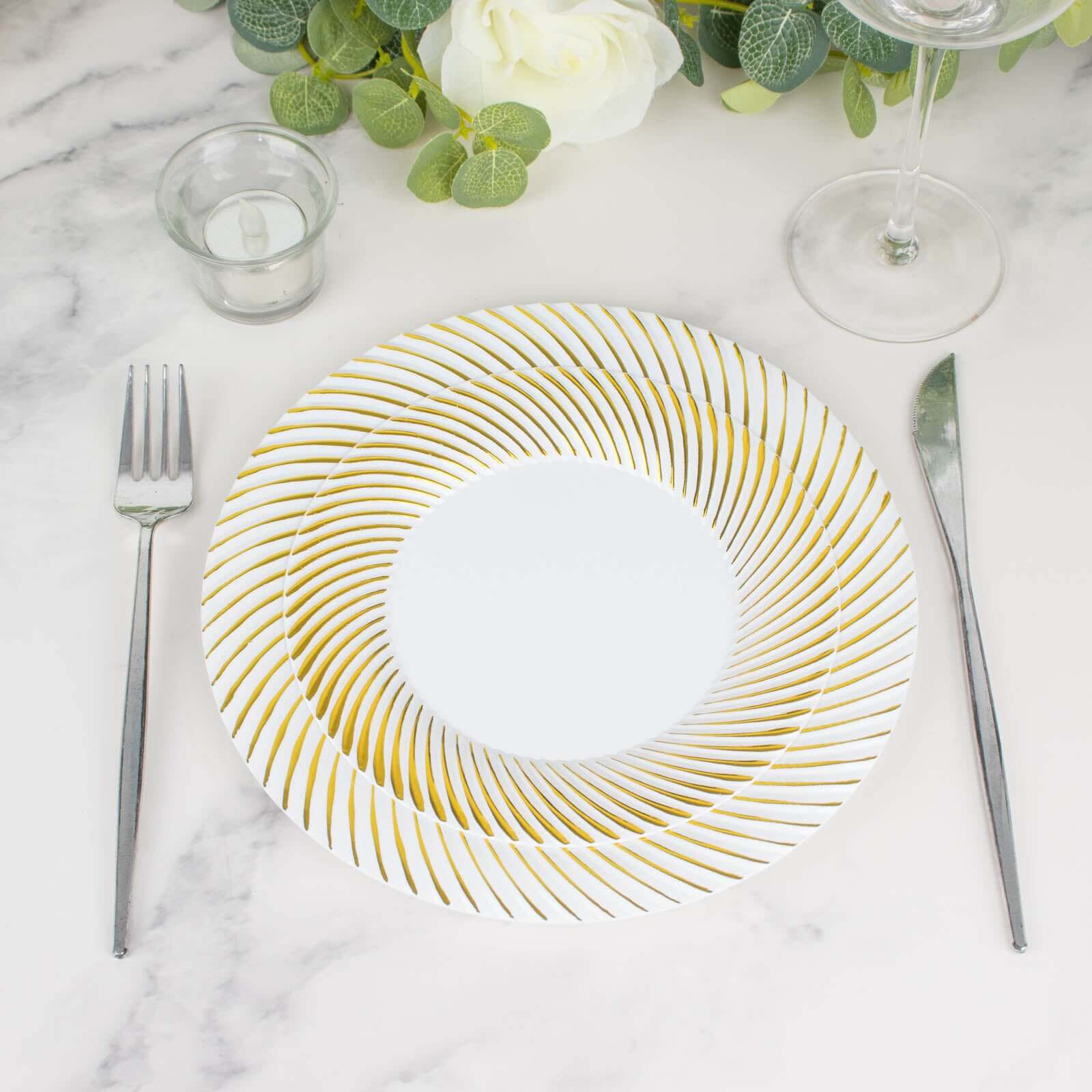 10-Pack Plastic 9 Round Dinner Plates White with Gold Swirl Rim - Disposable Party Plates