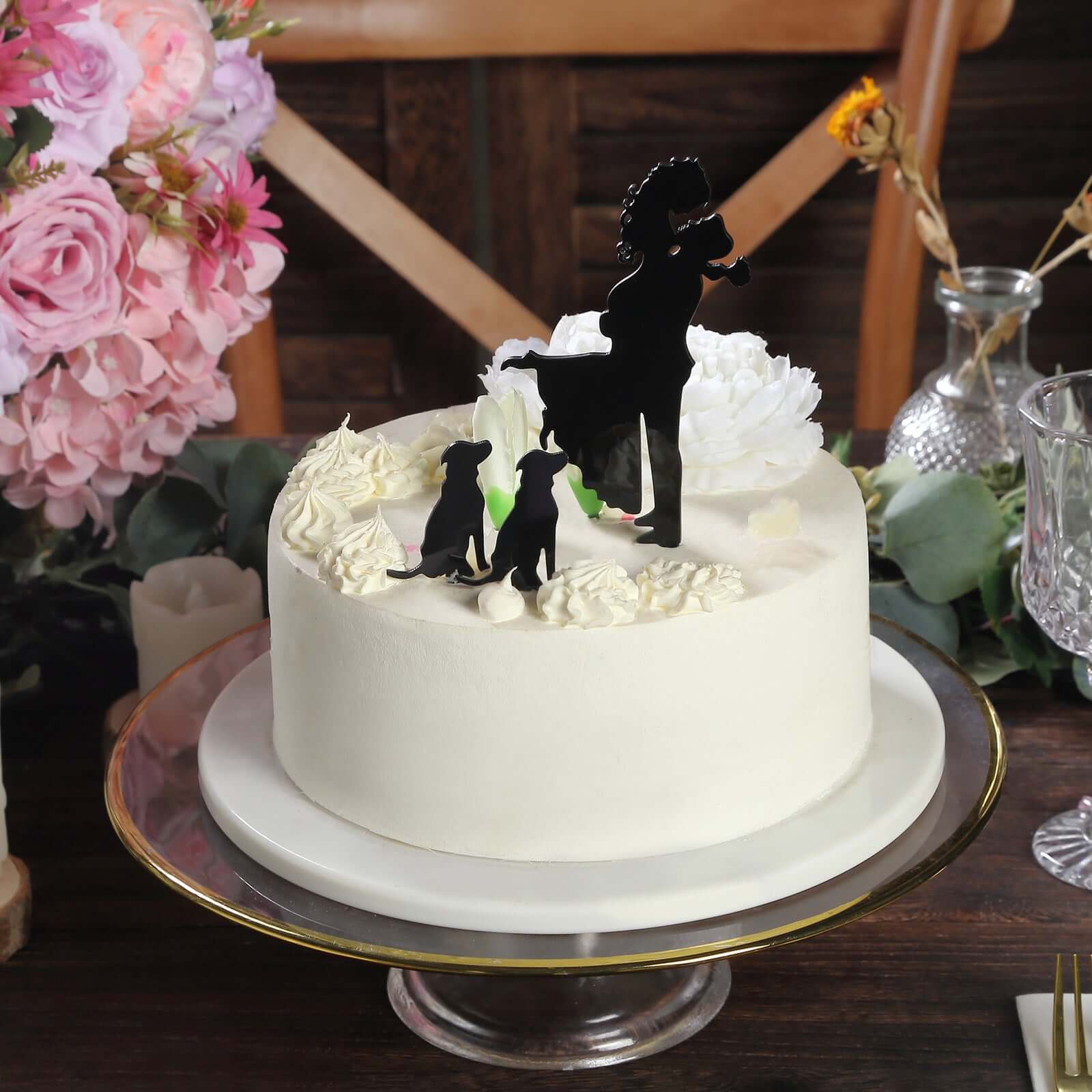 Acrylic Cake Toppers Black Silhouette Design of Bride, Groom, and Pet Dogs - Wedding Cake Decoration Set 7