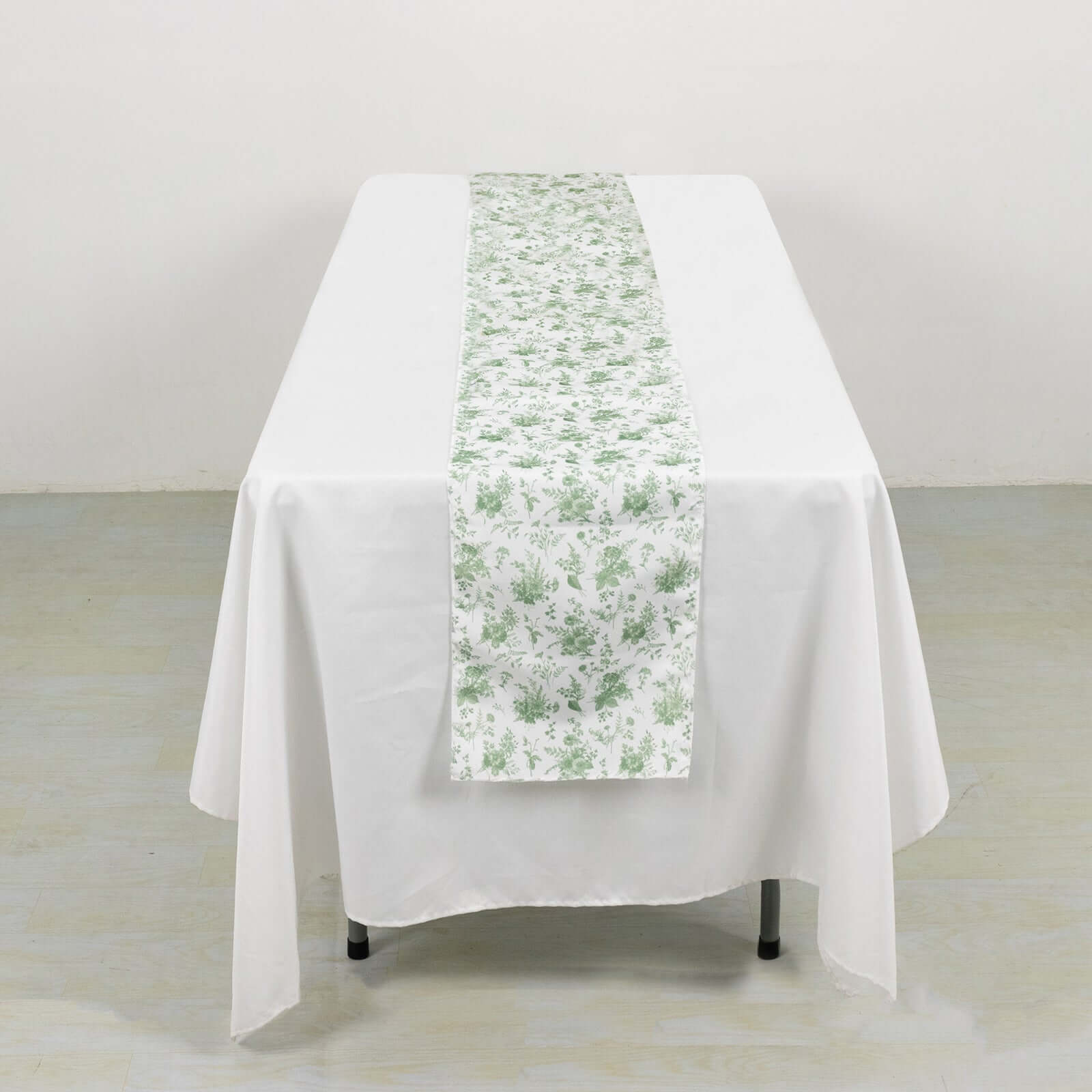 Polyester 12x108 Table Runner Dusty Sage Green French Toile Floral Print - Upscale Dining Table Decor