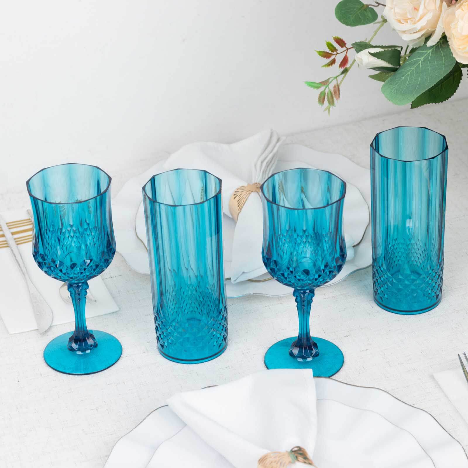 6-Pack Plastic Cocktail Goblets Ocean Blue Transparent Crystal Cut - Shatterproof Drinkware 8oz