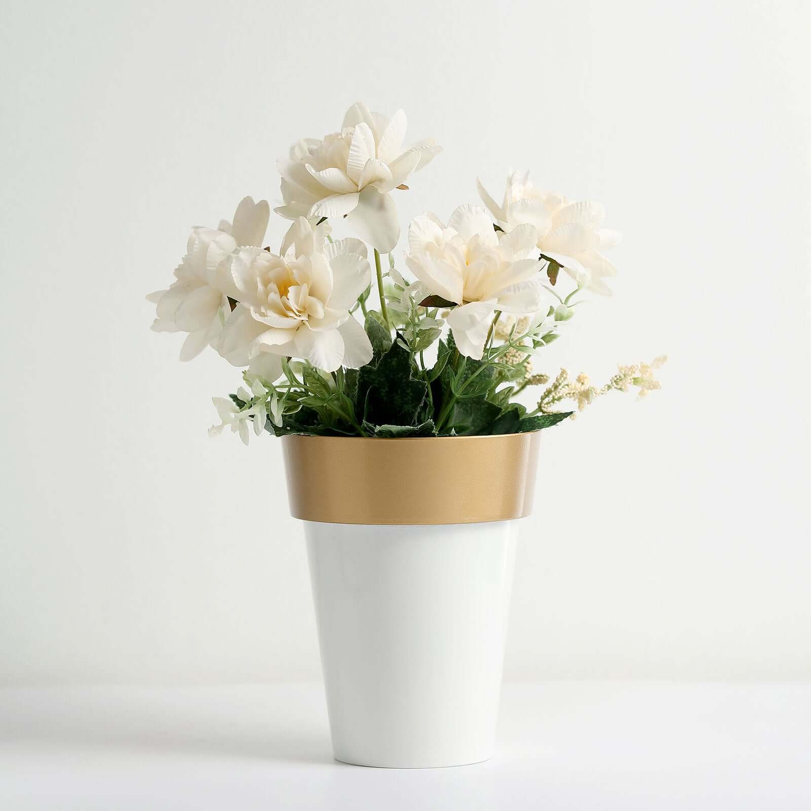 2-Pack Flower Plant Pots Medium Design White with Gold Rim - Plastic Indoor Decorative Planters 6