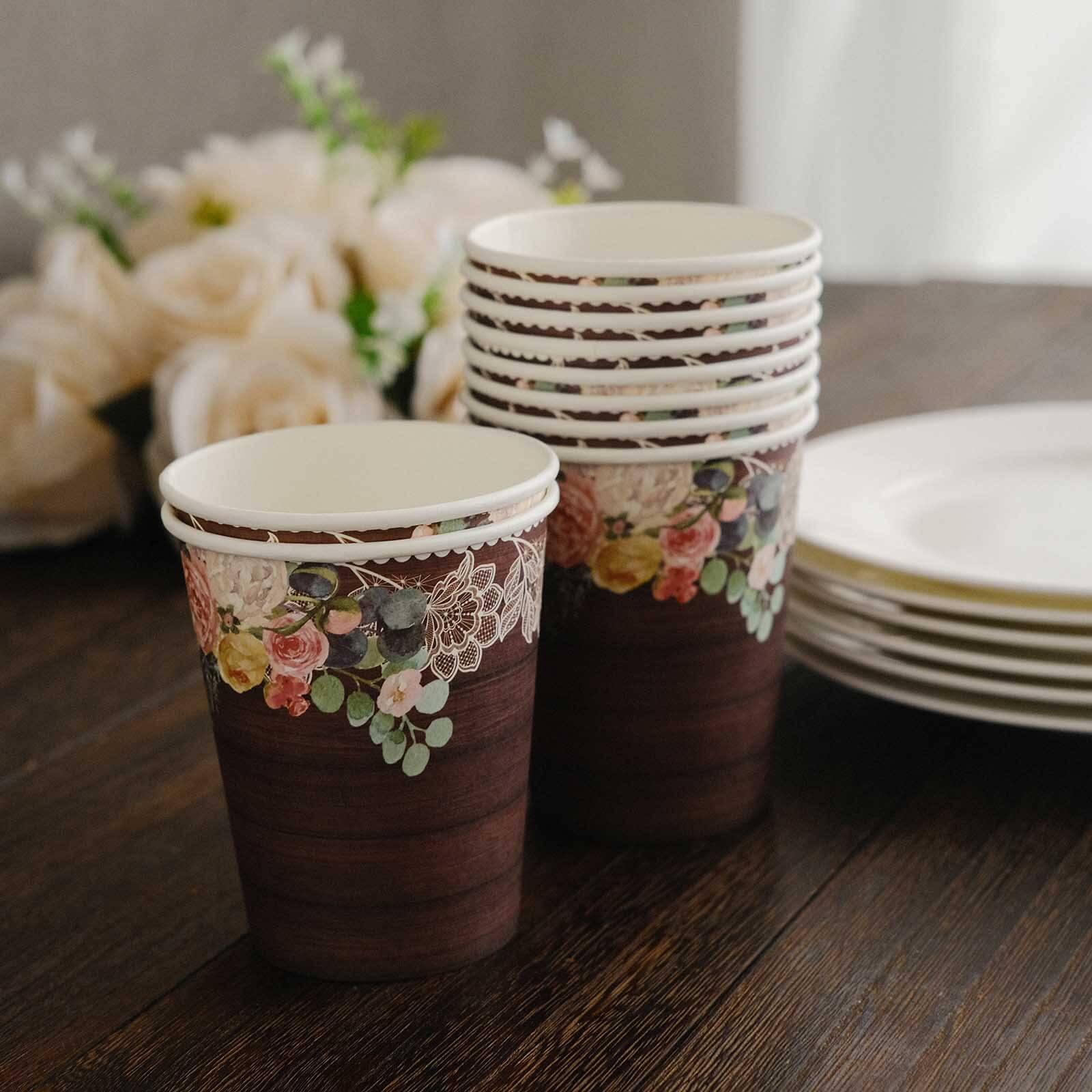 24-Pack Paper Cups 9oz Brown Wood Print with Floral Lace Rim - Chic Disposable Party Cups for Rustic Decor & Themed Parties